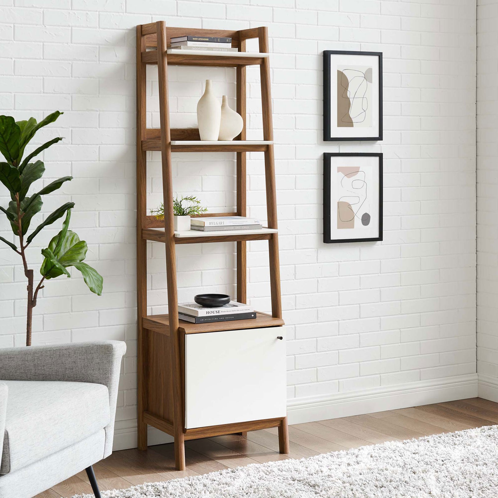 Modern ladder bookcase adds warm wood texture and bright white accents to your living space || EEI-4655-WAL-WHI || front_angle_room