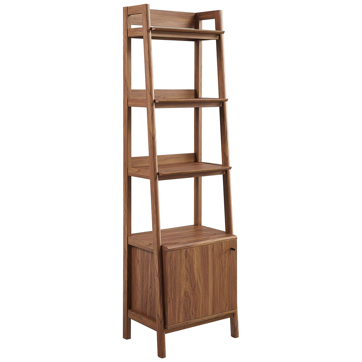 Tiered walnut bookshelf with three open shelves and a concealed cabinet for tidy storage || EEI-4655-WAL || front_angle_studio