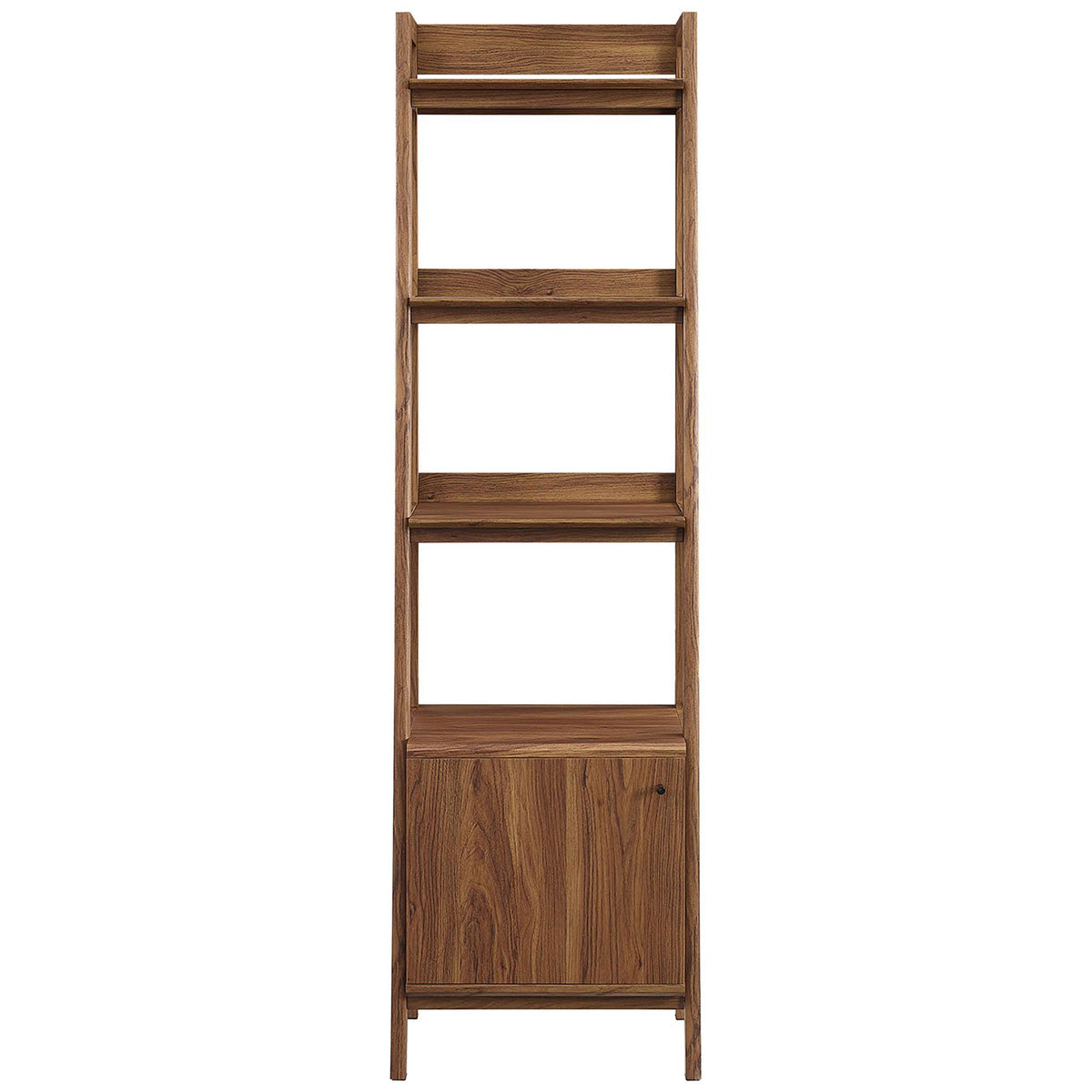 Clean-lined walnut bookcase with three shelves and a bottom cabinet to hide everyday essentials || EEI-4655-WAL || front_studio