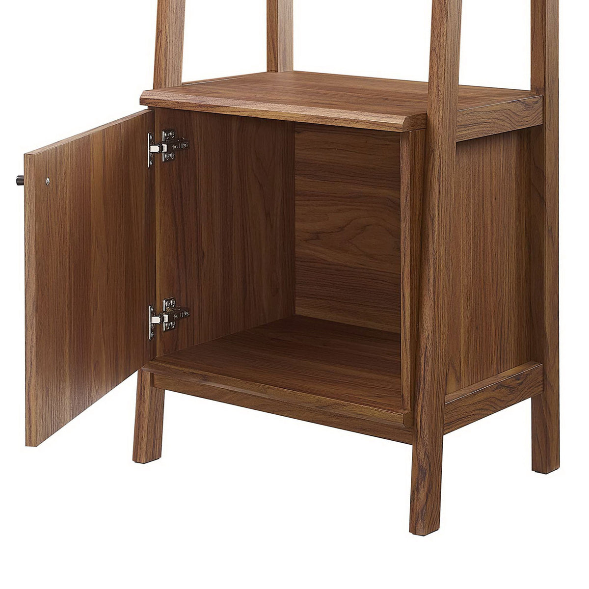 Concealed cabinet opens to reveal spacious interior storage with metal hinges || EEI-4655-WAL || storage_open_studio