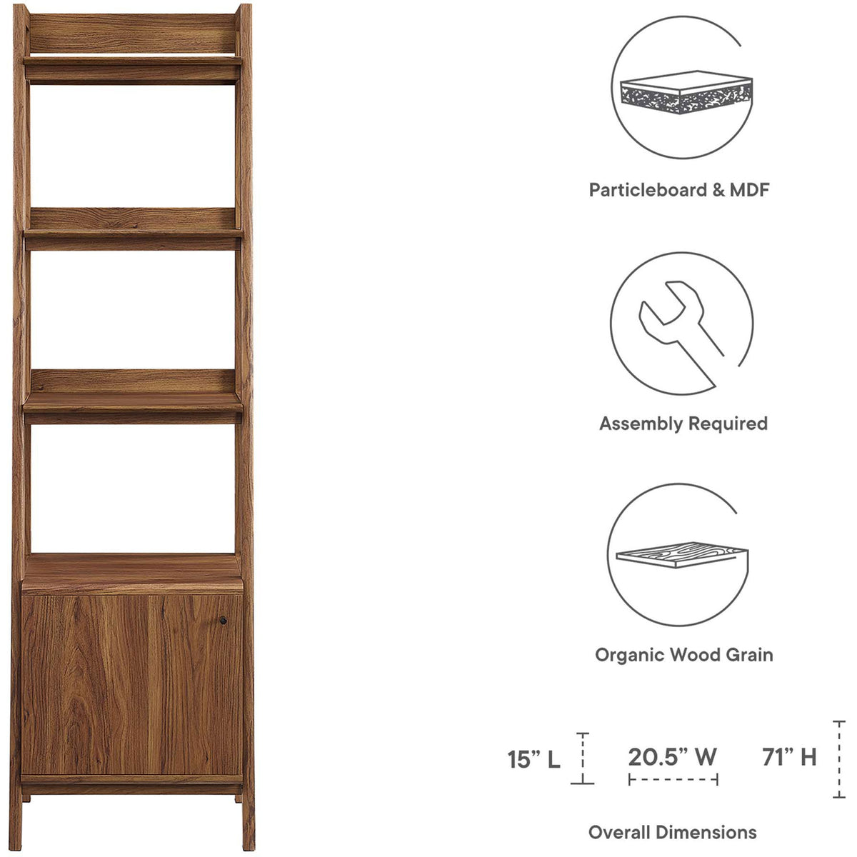Durable particleboard and MDF with organic wood grain; assembly required; 15 L x 20.5 W x 71 H inches || EEI-4655-WAL || dimension_studio