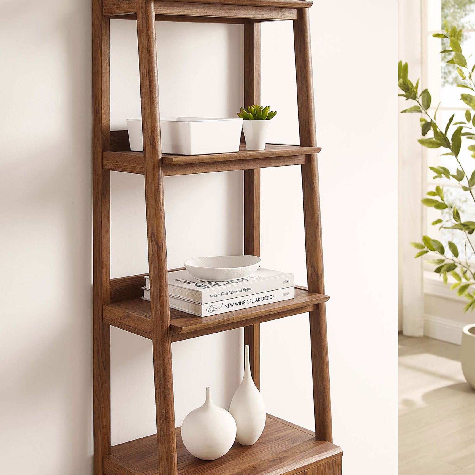 Walnut shelves styled with decor highlight the warm finish and slim tiered design || EEI-4655-WAL || detail_room