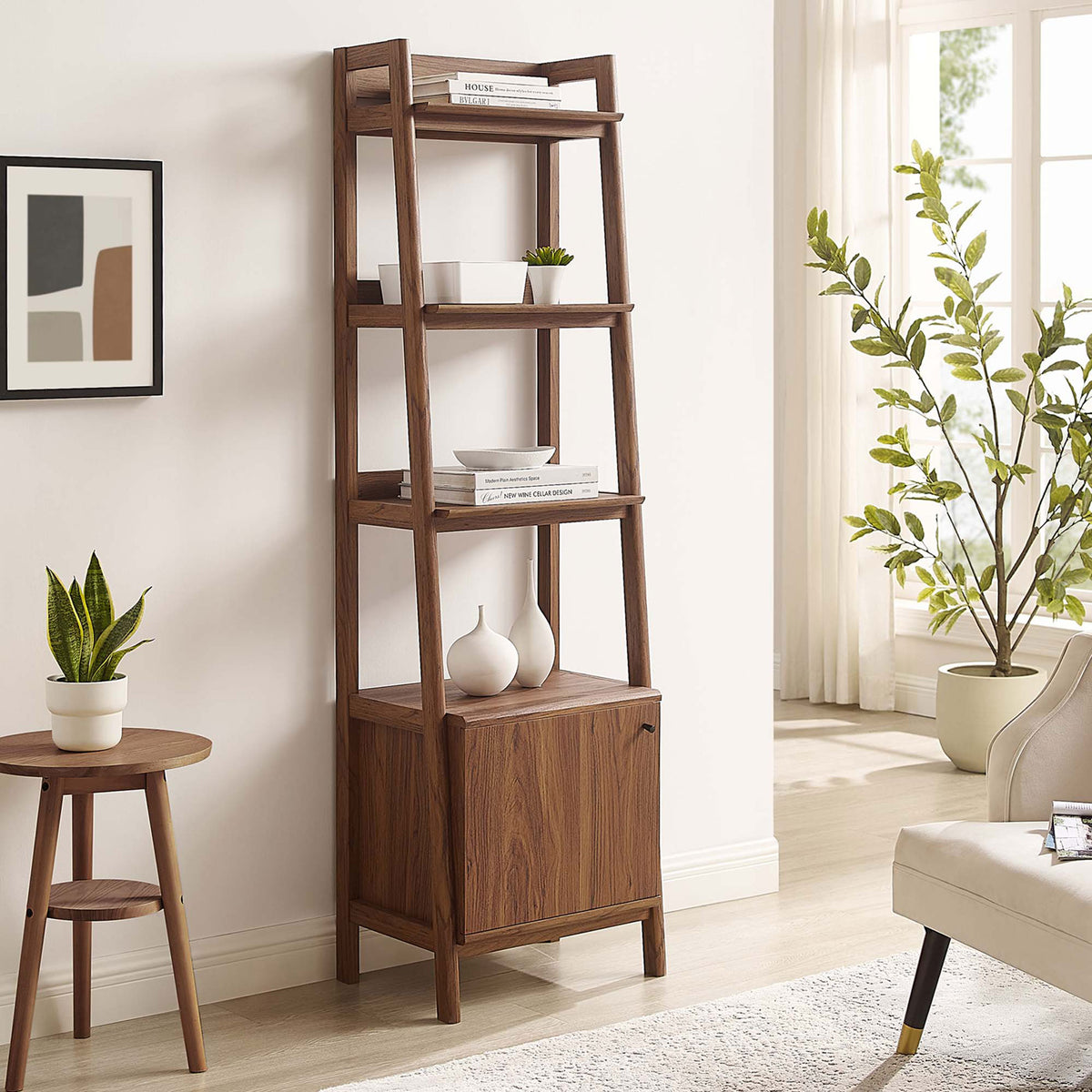 Space-saving walnut bookshelf complements modern living rooms with open shelves and concealed storage || EEI-4655-WAL || front_angle_room
