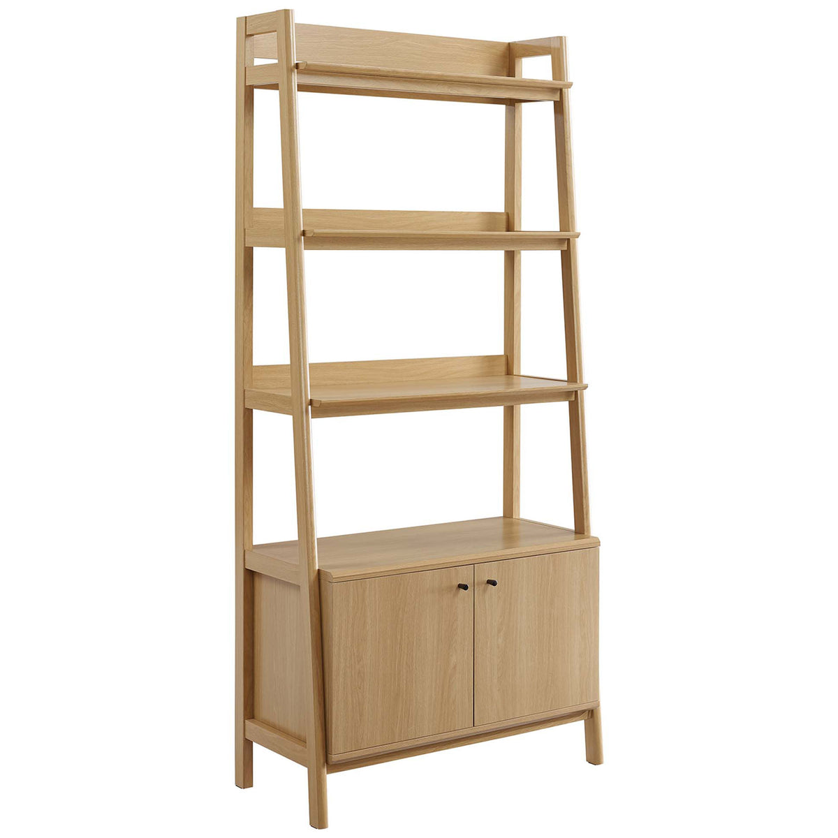 Oak bookshelf with three display shelves and a concealed cabinet that keeps clutter out of sight || EEI-4656-OAK || front_angle_studio