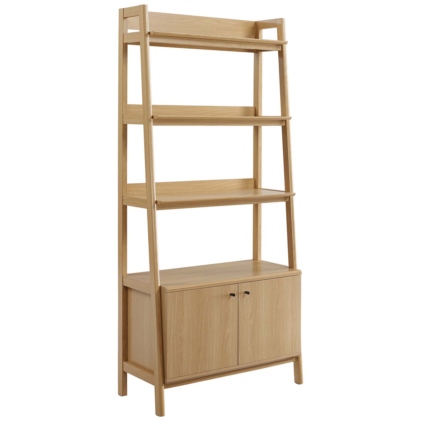 Oak bookshelf with three display shelves and a concealed cabinet that keeps clutter out of sight || EEI-4656-OAK || front_angle_studio