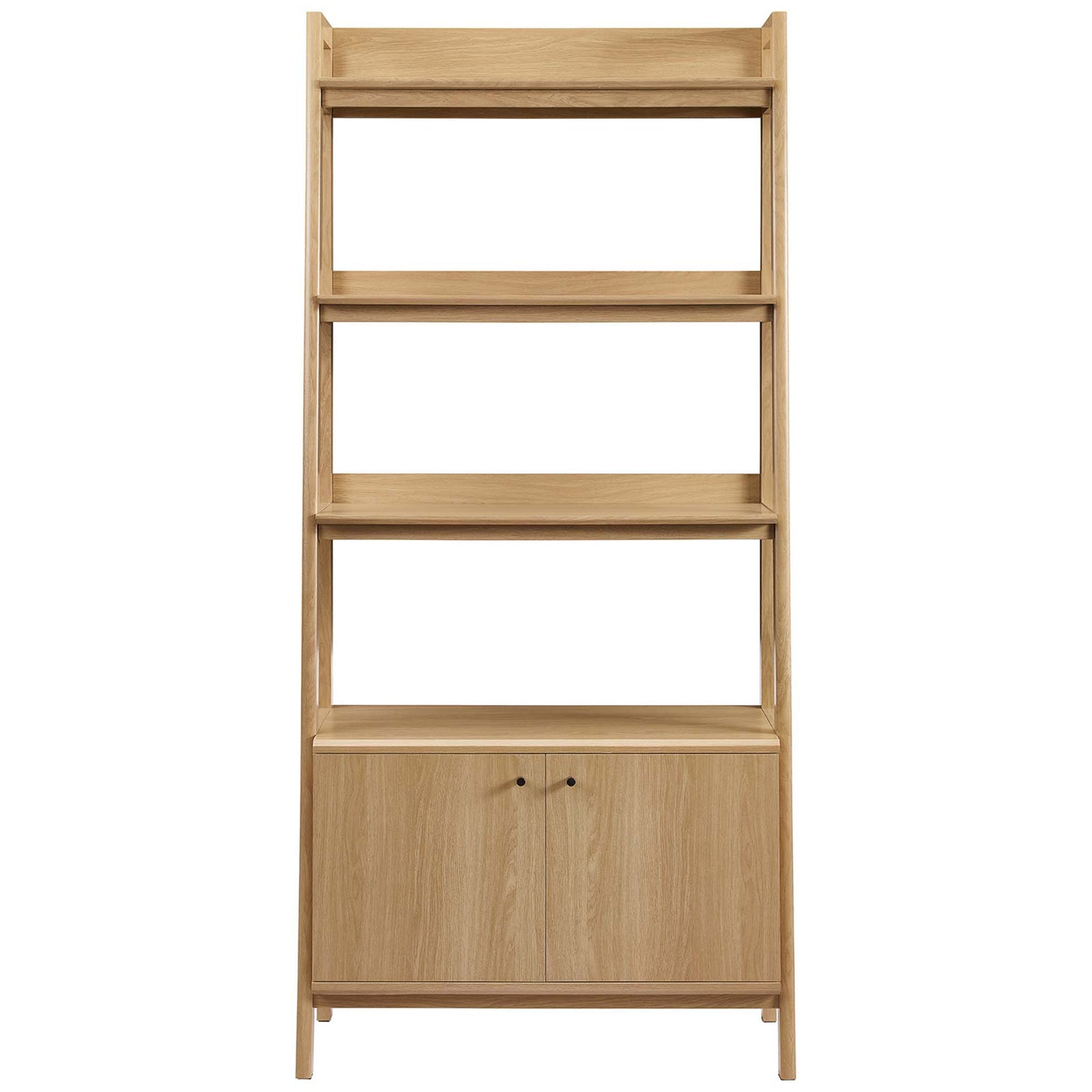 Tiered oak bookshelf with three open shelves and a double-door cabinet for tidy storage || EEI-4656-OAK || front_studio