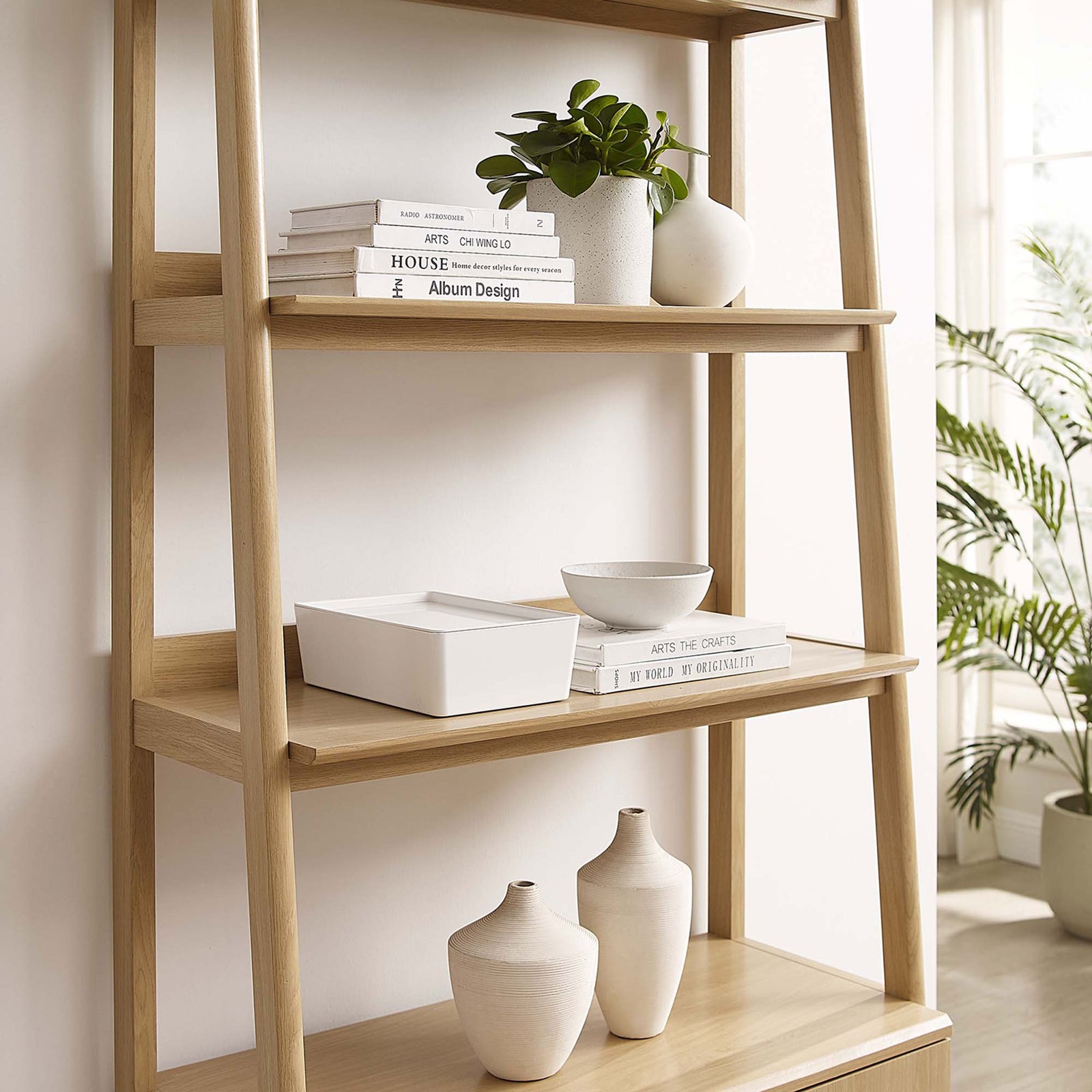 Sturdy shelves display books and decor while the refined oak grain complements modern interiors || EEI-4656-OAK || detail_room