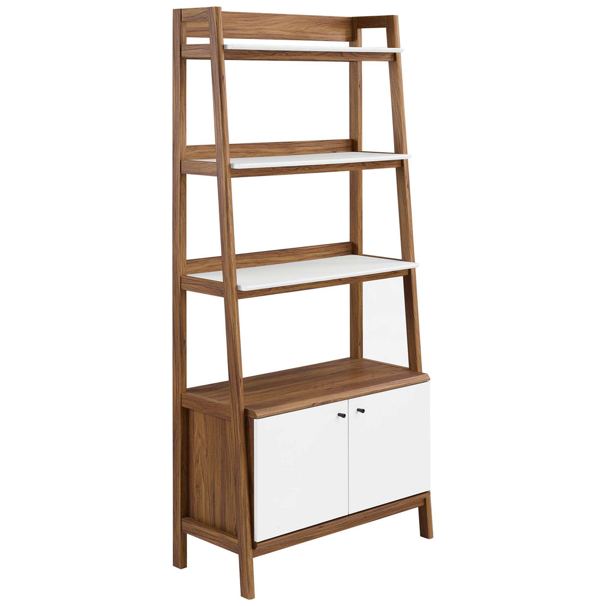 Tiered walnut bookshelf with crisp white shelves and a concealed two-door cabinet base || EEI-4656-WAL-WHI || front_angle_studio