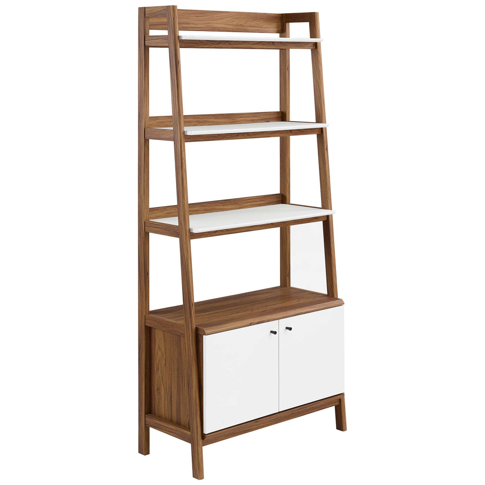 Tiered walnut bookshelf with crisp white shelves and a concealed two-door cabinet base || EEI-4656-WAL-WHI || front_angle_studio