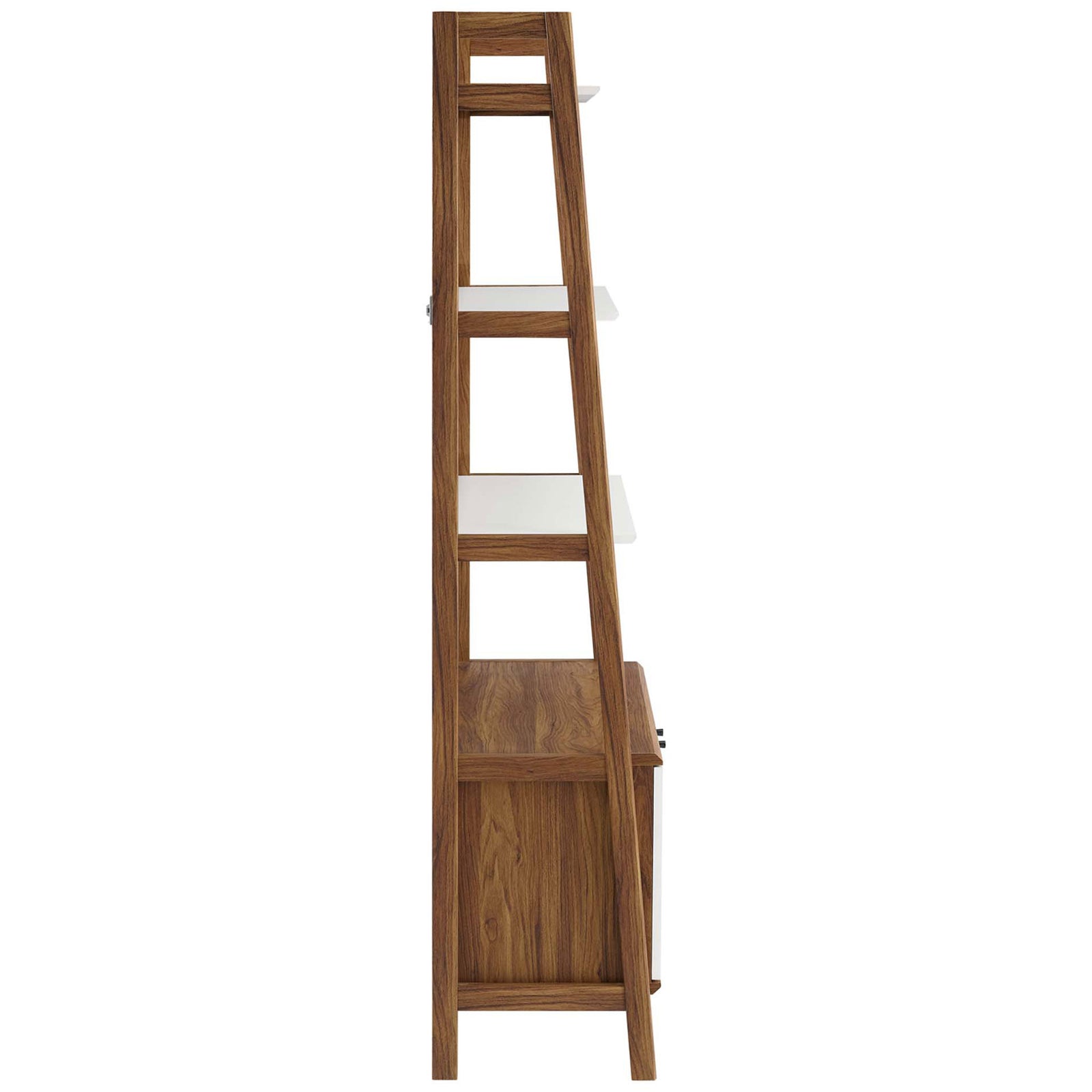 Sleek ladder-style profile with tapered frame and a deep lower cabinet for versatile storage || EEI-4656-WAL-WHI || side_studio