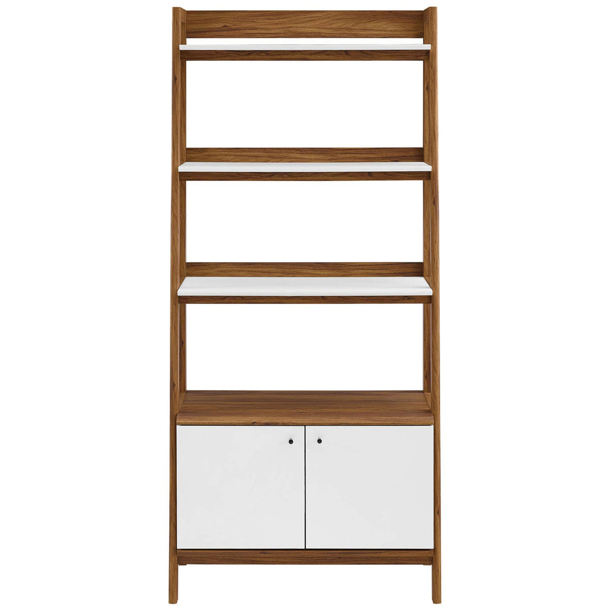 Clean-lined bookshelf with three white shelves over a walnut cabinet with minimalist pulls || EEI-4656-WAL-WHI || front_studio