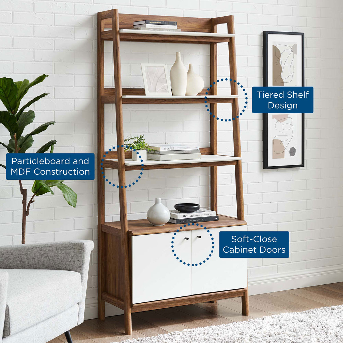 Tiered design with white shelves, soft-close cabinet doors, and durable particleboard and MDF build || EEI-4656-WAL-WHI || callout_room