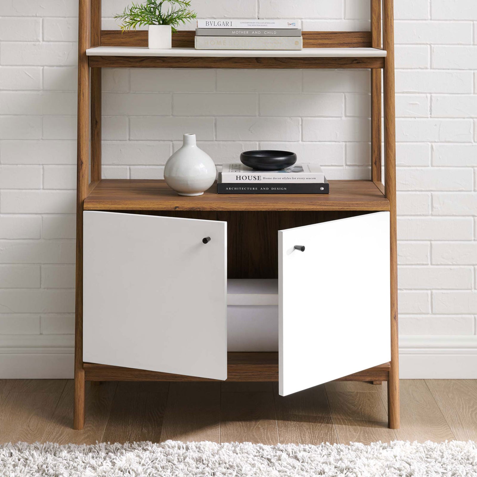 Lower cabinet doors open to reveal ample hidden storage for living room essentials || EEI-4656-WAL-WHI || storage_open_room