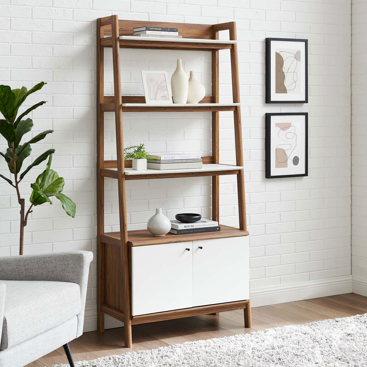 Modern walnut and white bookshelf adds airy, tiered display with concealed cabinet storage || EEI-4656-WAL-WHI || front_angle_room