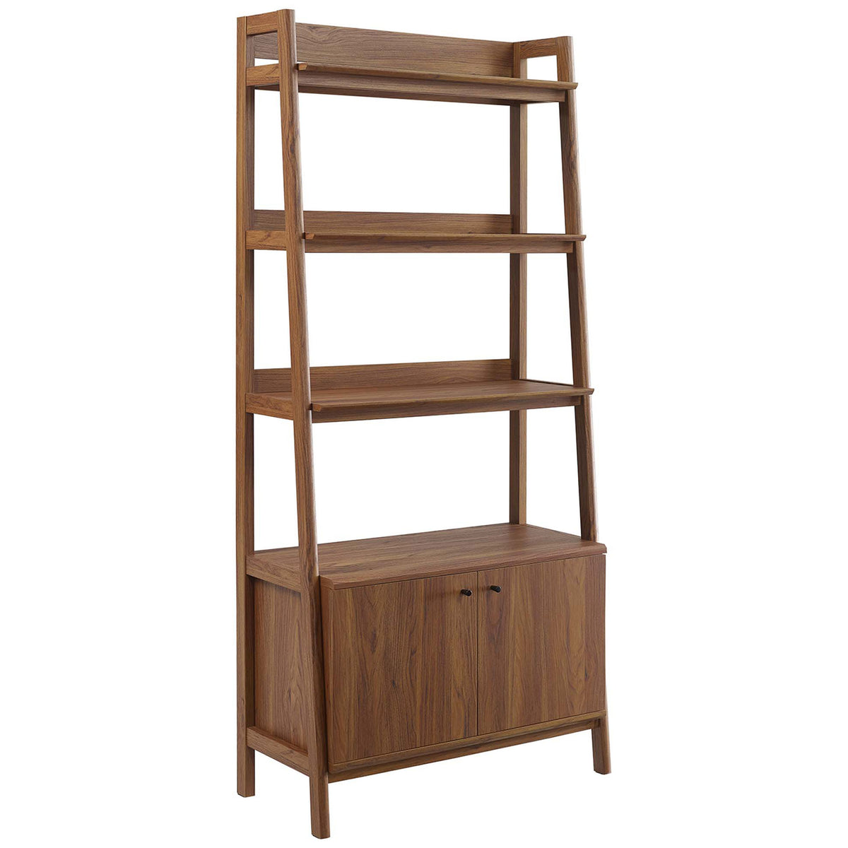 Warm walnut finish and clean lines highlight this modern bookshelf with spacious shelves and cabinet || EEI-4656-WAL || front_angle_studio