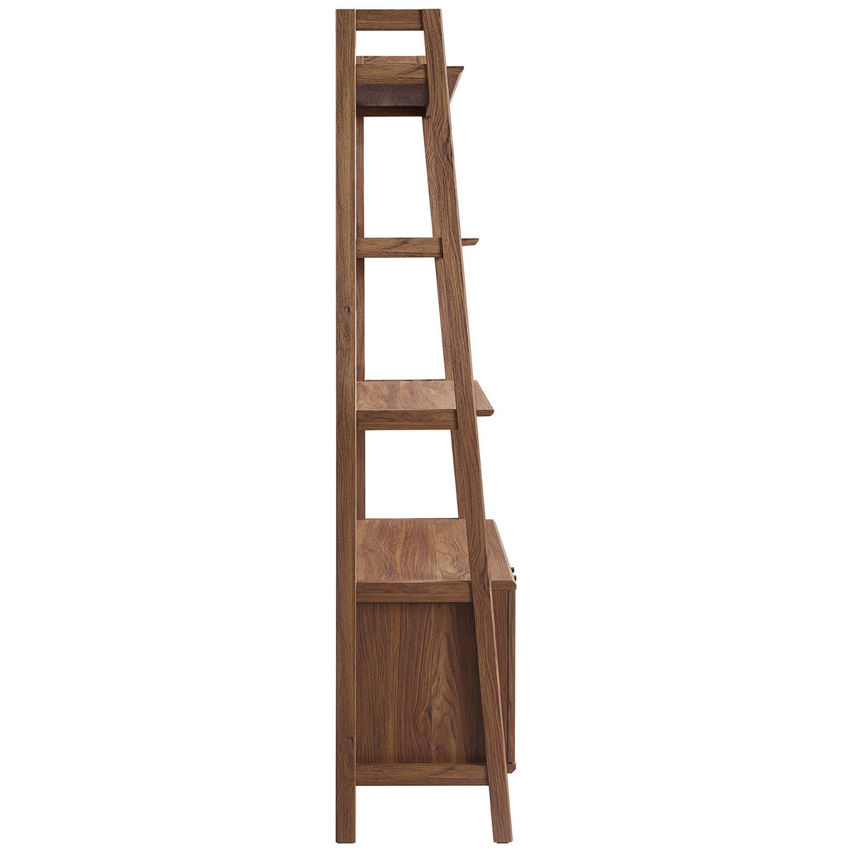 Leaning silhouette with angled supports and a slim profile adds modern flair to this walnut bookshelf || EEI-4656-WAL || side_studio