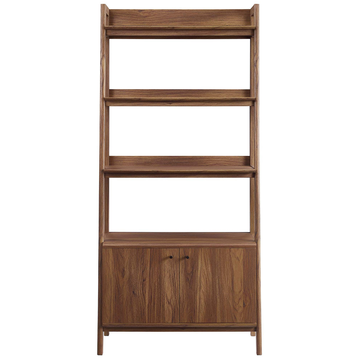 Tiered walnut bookshelf with three open shelves and a lower cabinet for concealed storage || EEI-4656-WAL || front_studio