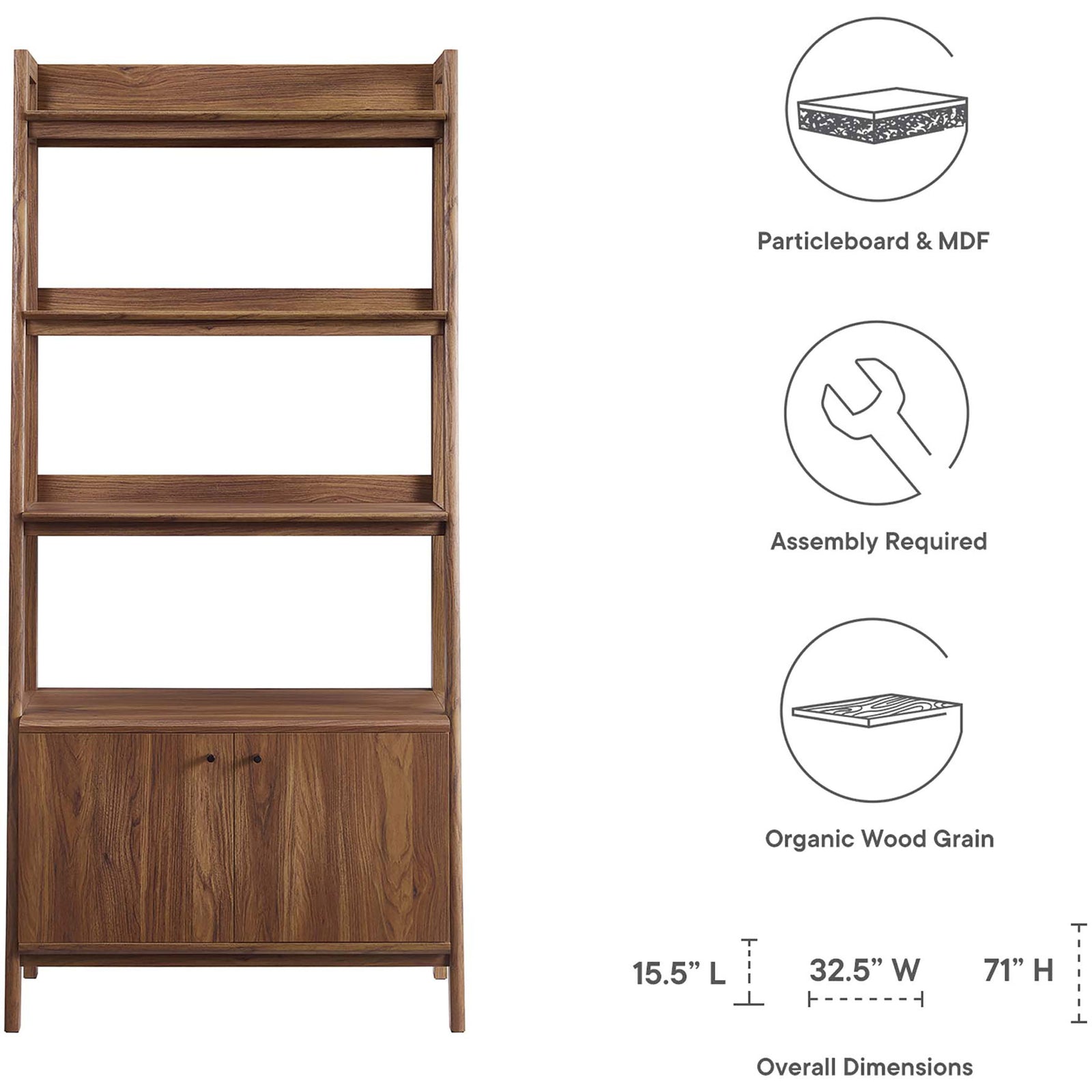 Modern walnut bookshelf crafted from particleboard and MDF with organic wood grain and ample storage || EEI-4656-WAL || dimension_studio