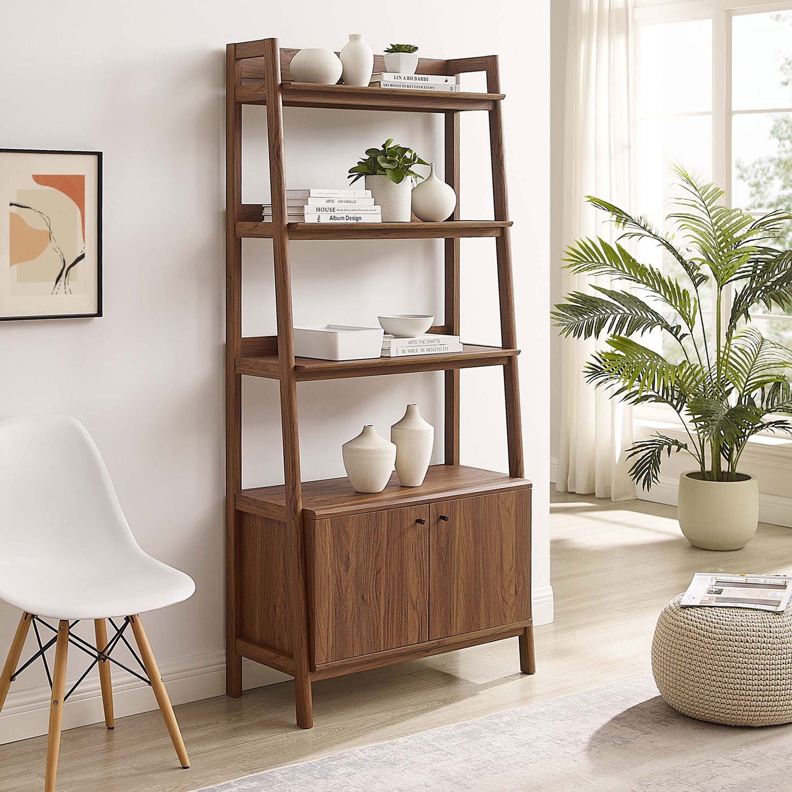 Stylish bookshelf anchors your space with walnut wood grain and versatile display and storage options || EEI-4656-WAL || front_angle_room
