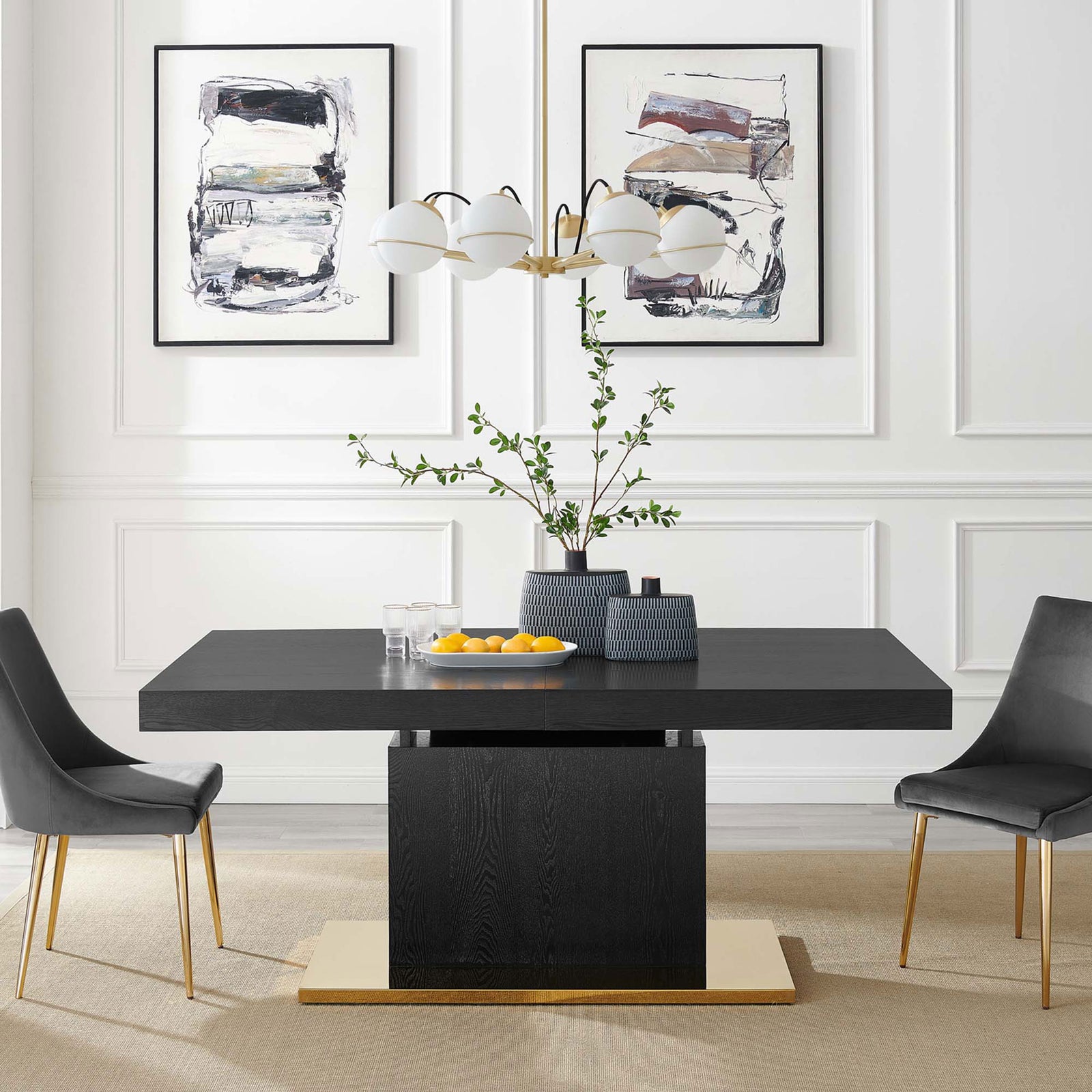Modern dining room featuring black wood pedestal table with gold base and coordinating upholstered chairs || EEI-4660-BLK-GLD || front_room