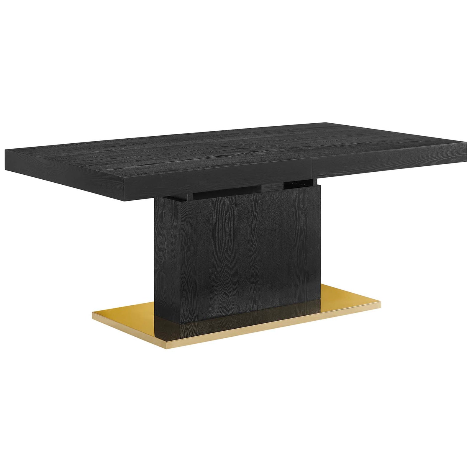 Bold black wood dining table with striking gold pedestal base and generous rectangular top || EEI-4660-BLK-GLD || front_angle_studio