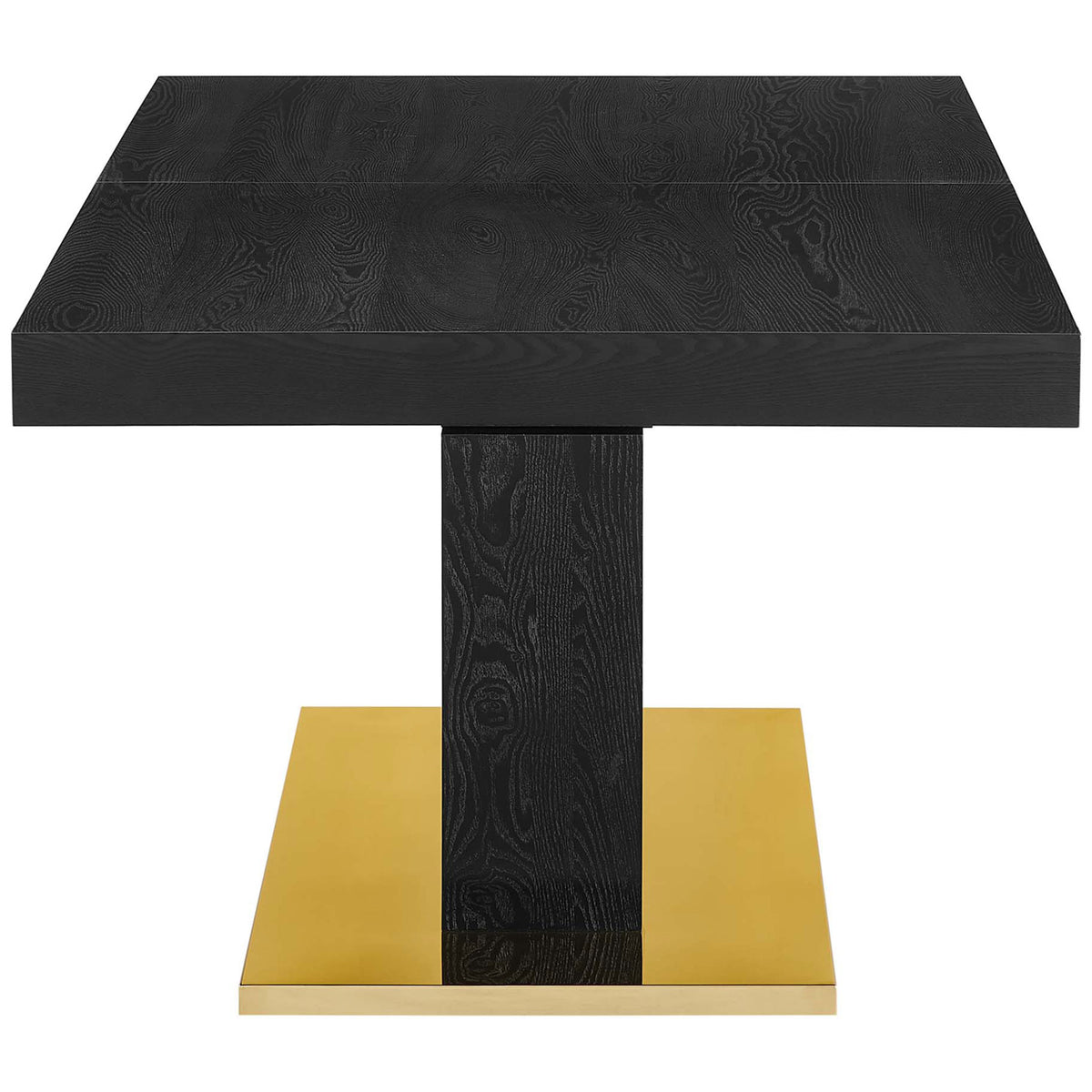 Sleek pedestal dining table showing thick black wood top and gleaming gold base || EEI-4660-BLK-GLD || side_studio