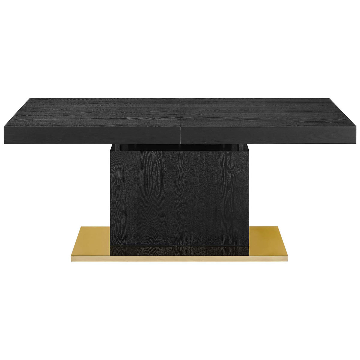 Rectangular black wood dining table with column base and gold floor plate in compact length || EEI-4660-BLK-GLD || front_studio