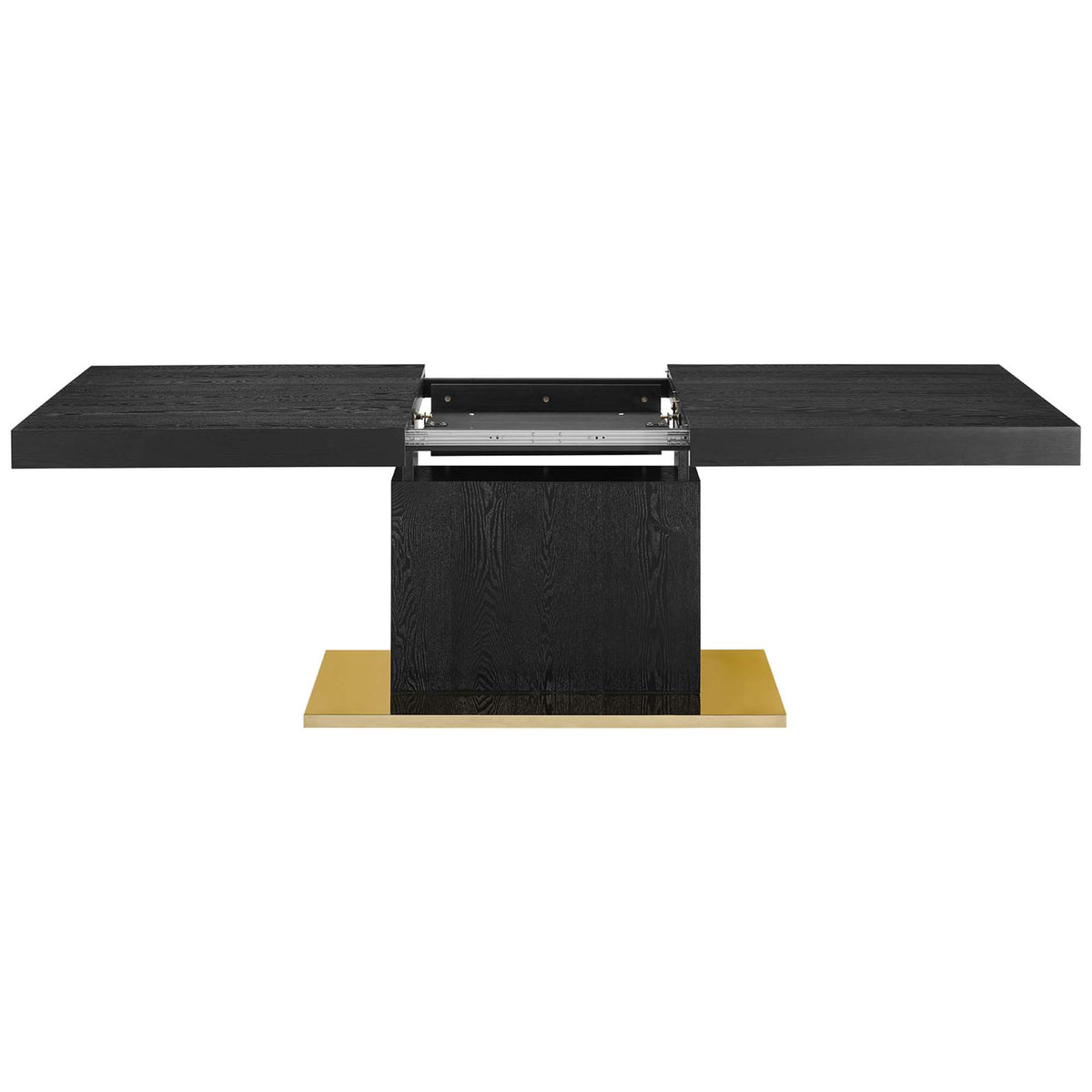 Expandable dining table with top halves pulled apart to reveal smooth extension glides || EEI-4660-BLK-GLD || front_converted_studio