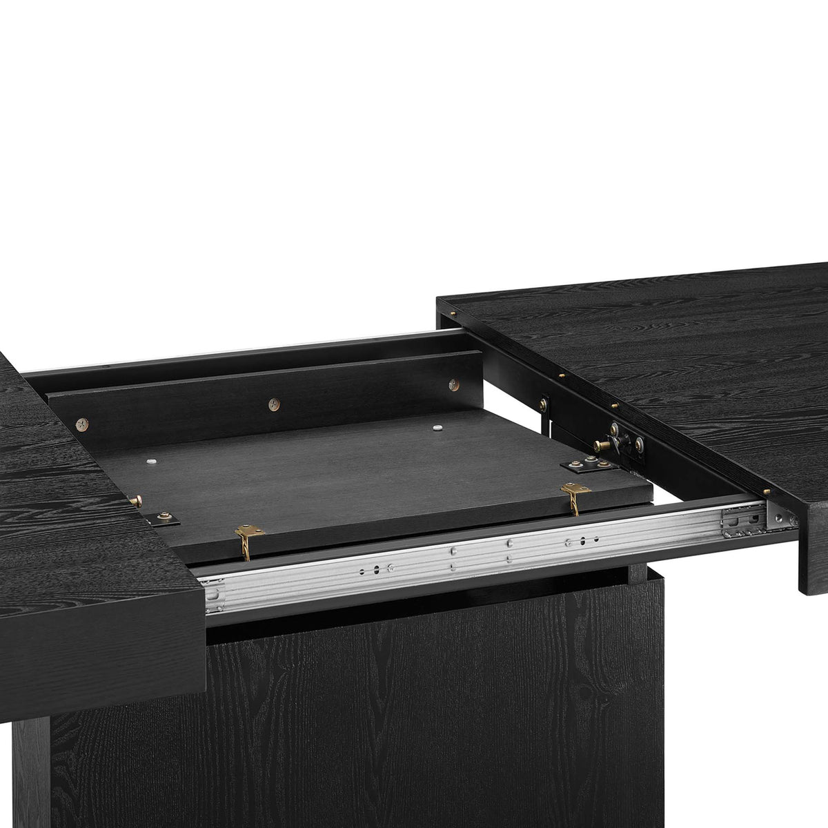 Extension track and support frame beneath the black wood dining tabletop || EEI-4660-BLK-GLD || detail_studio