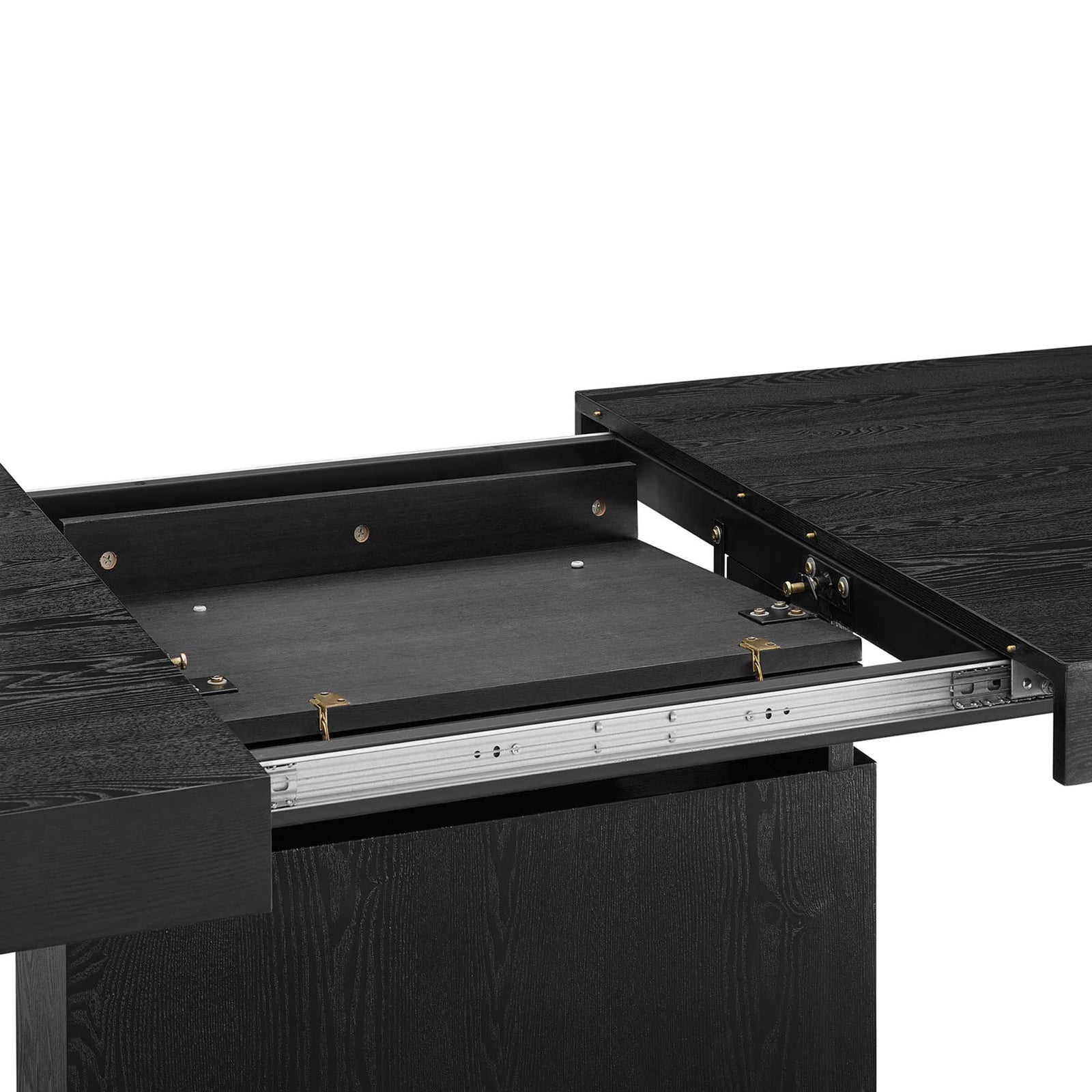 Extension track and support frame beneath the black wood dining tabletop || EEI-4660-BLK-GLD || detail_studio