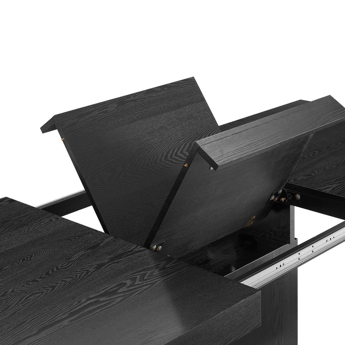 Butterfly leaf panel lifting from the center of the black wood dining table for effortless expansion || EEI-4660-BLK-GLD || detail_studio