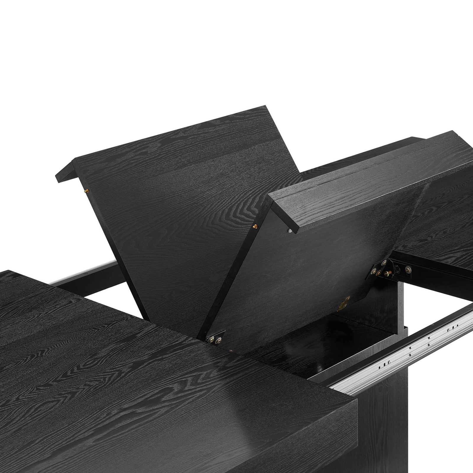 Butterfly leaf panel lifting from the center of the black wood dining table for effortless expansion || EEI-4660-BLK-GLD || detail_studio