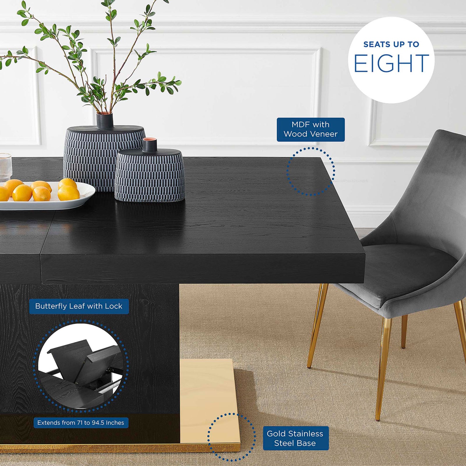 Expandable black and gold dining table in modern room scene with feature callouts and seating for eight || EEI-4660-BLK-GLD || callout_room