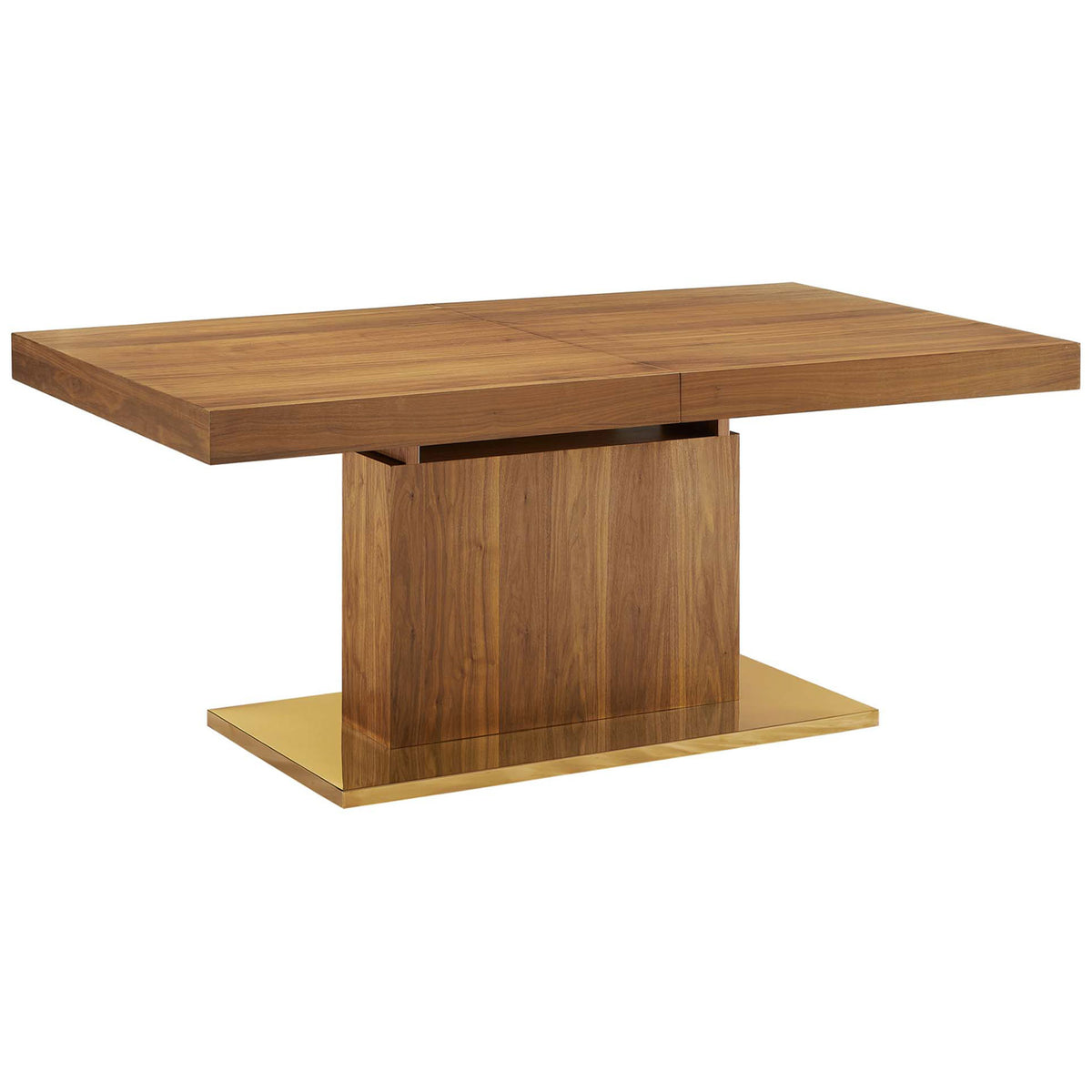 Rectangular walnut dining table with column pedestal and gleaming gold steel base || EEI-4660-WAL-GLD || front_angle_studio