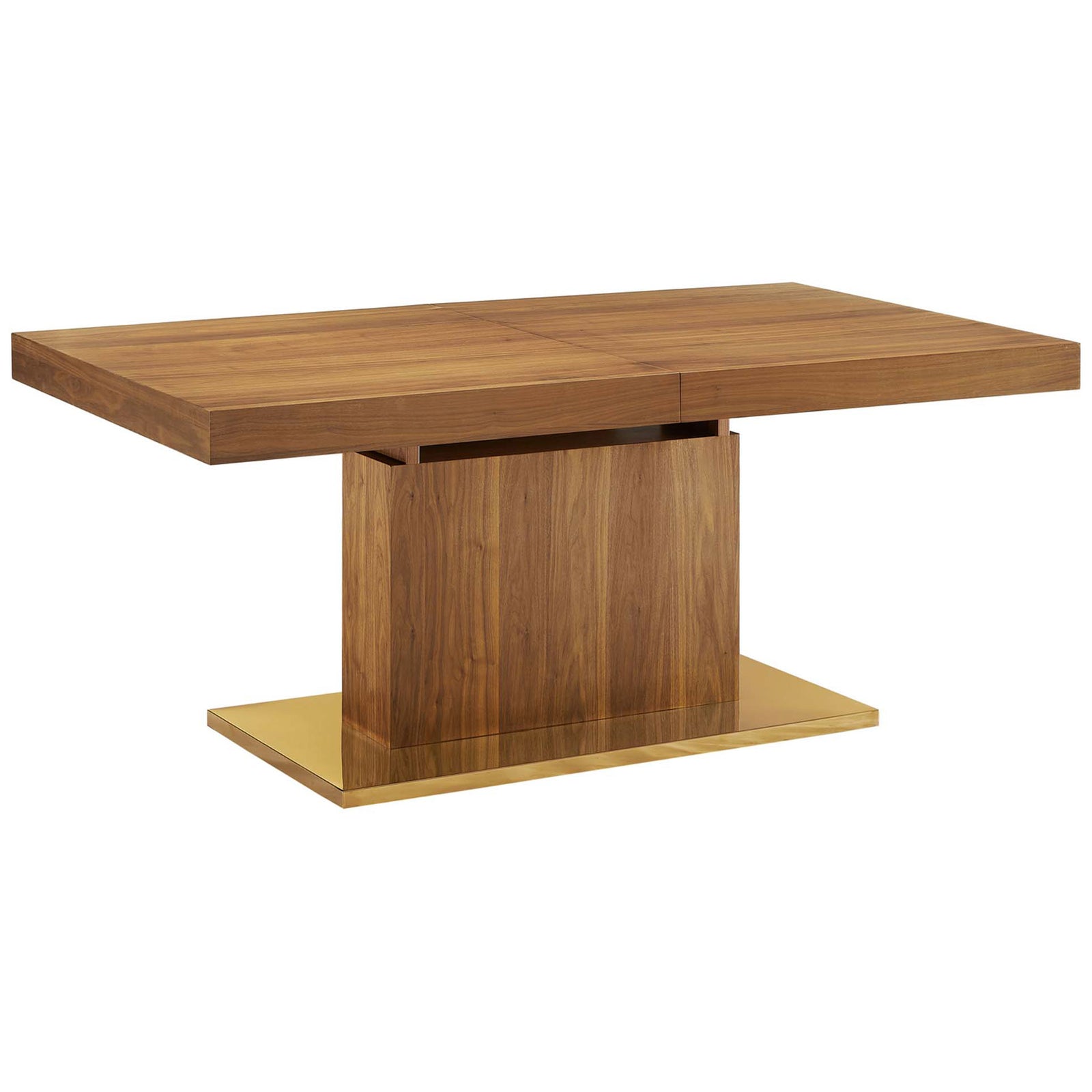 Rectangular walnut dining table with column pedestal and gleaming gold steel base || EEI-4660-WAL-GLD || front_angle_studio