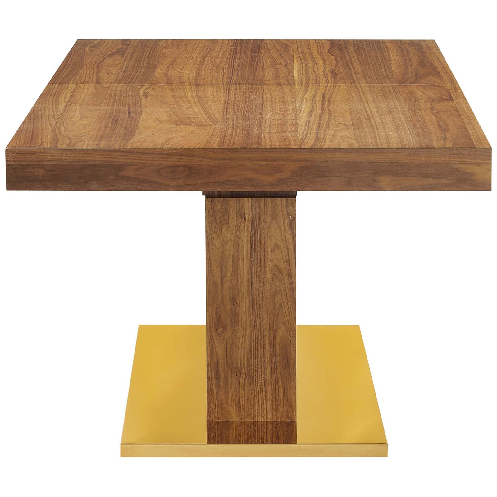 Walnut dining table showing thick tabletop and slim column on a gold base || EEI-4660-WAL-GLD || side_studio