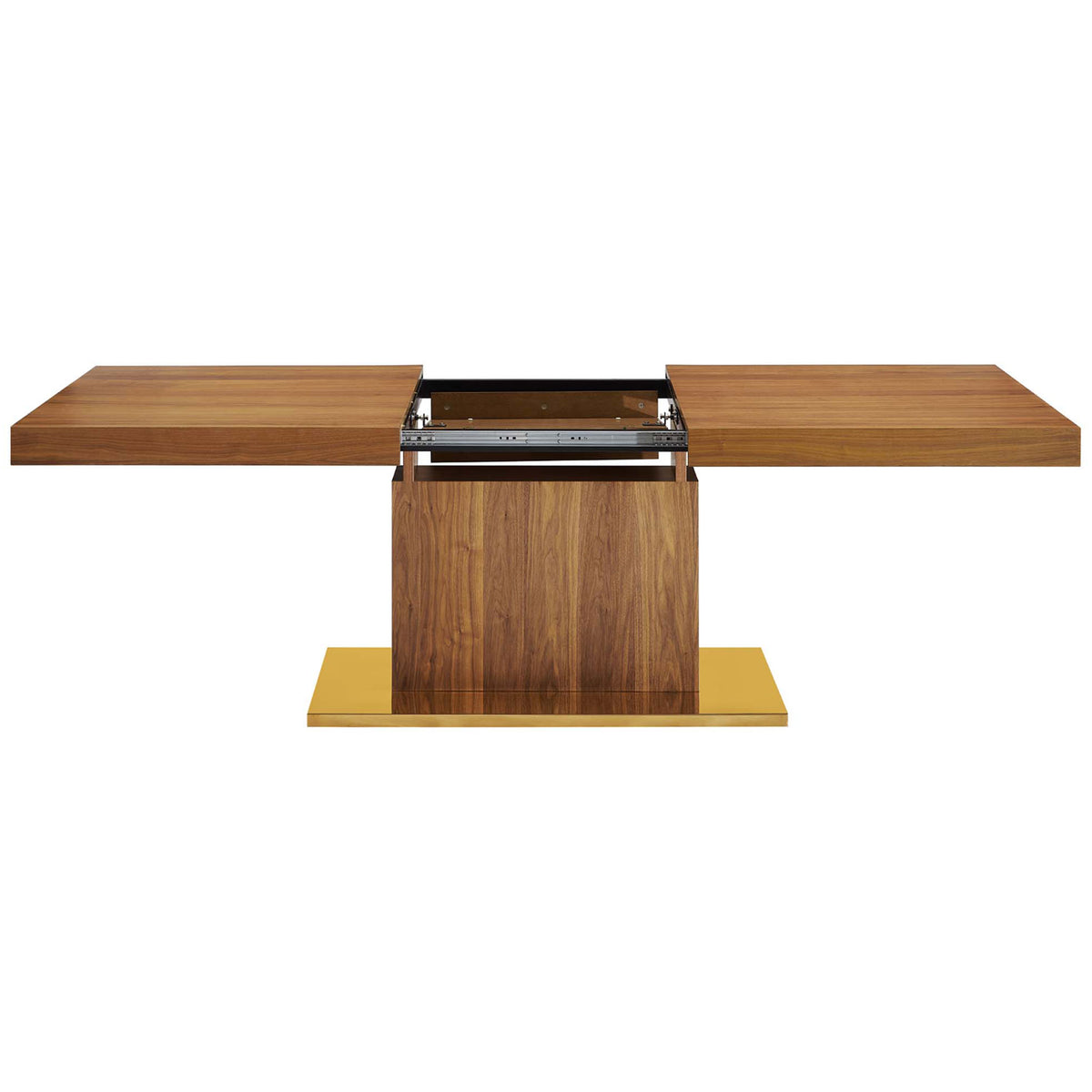 Expandable dining table with top glides open to reveal hidden butterfly leaf storage || EEI-4660-WAL-GLD || front_converted_studio
