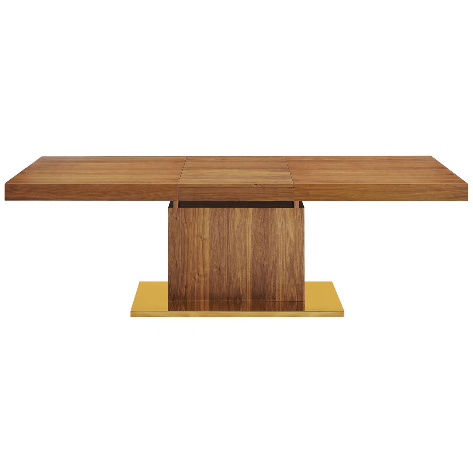Extended walnut dining table providing ample seating space for family meals and celebrations || EEI-4660-WAL-GLD || front_converted_studio