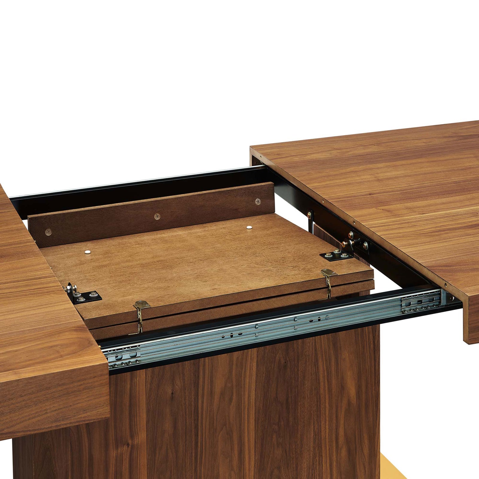 Butterfly extension leaf stored within the walnut dining table pedestal base compartment || EEI-4660-WAL-GLD || storage_open_studio