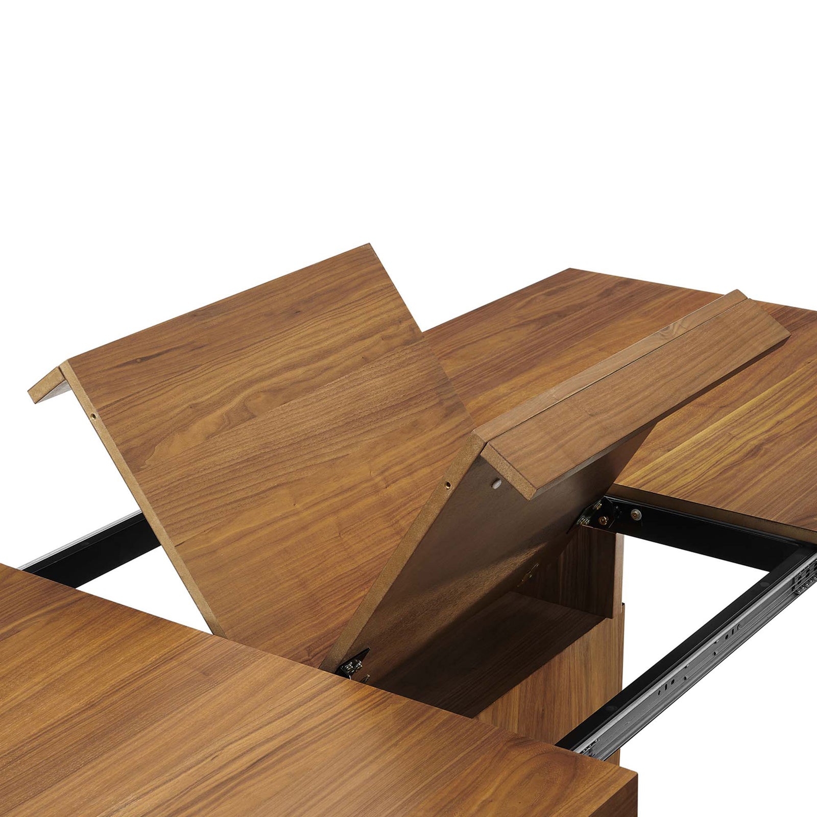 Butterfly leaf folding mechanism in motion on the walnut wood dining tabletop || EEI-4660-WAL-GLD || detail_studio