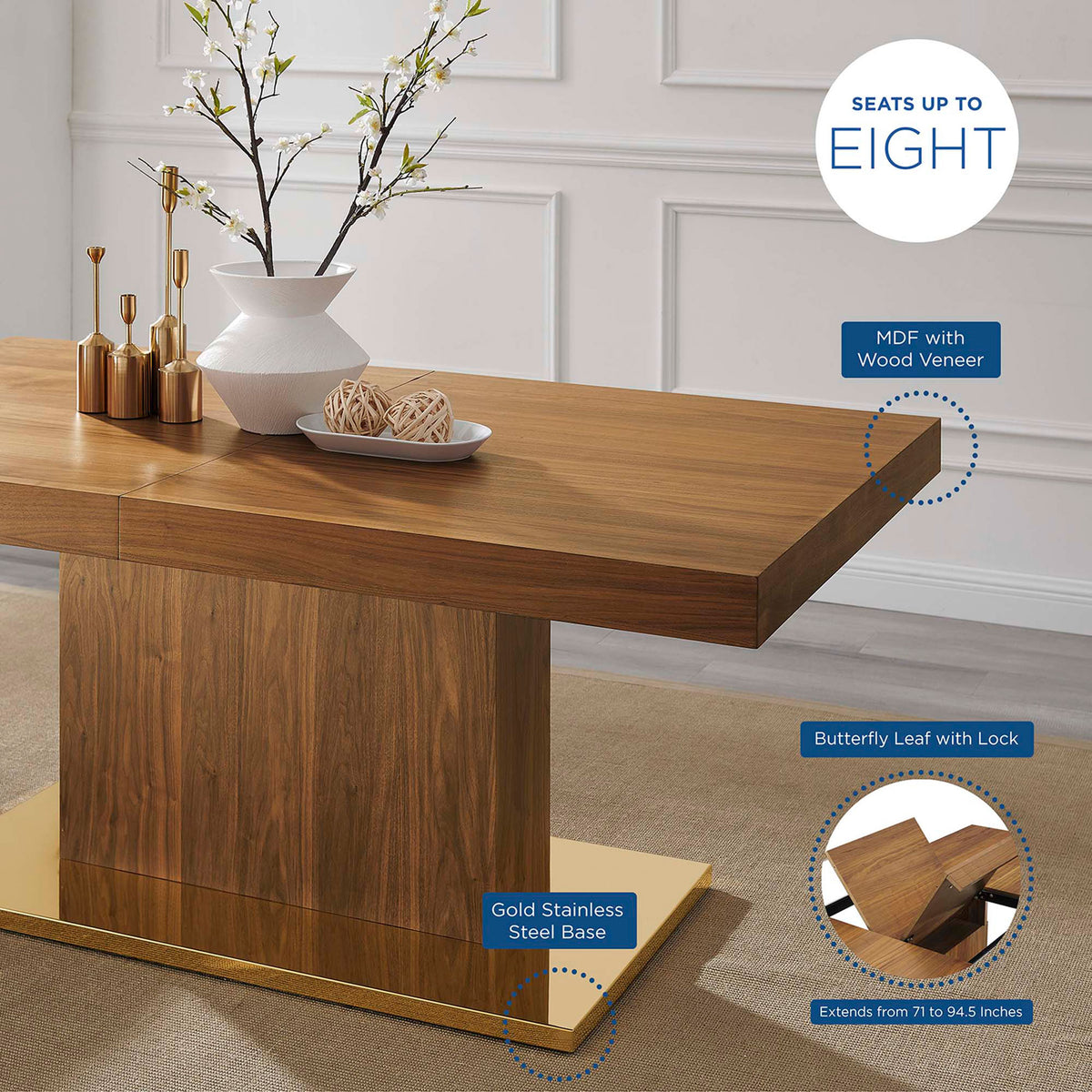 Vector dining table in a styled room with callouts for seating capacity and premium materials || EEI-4660-WAL-GLD || callout_room