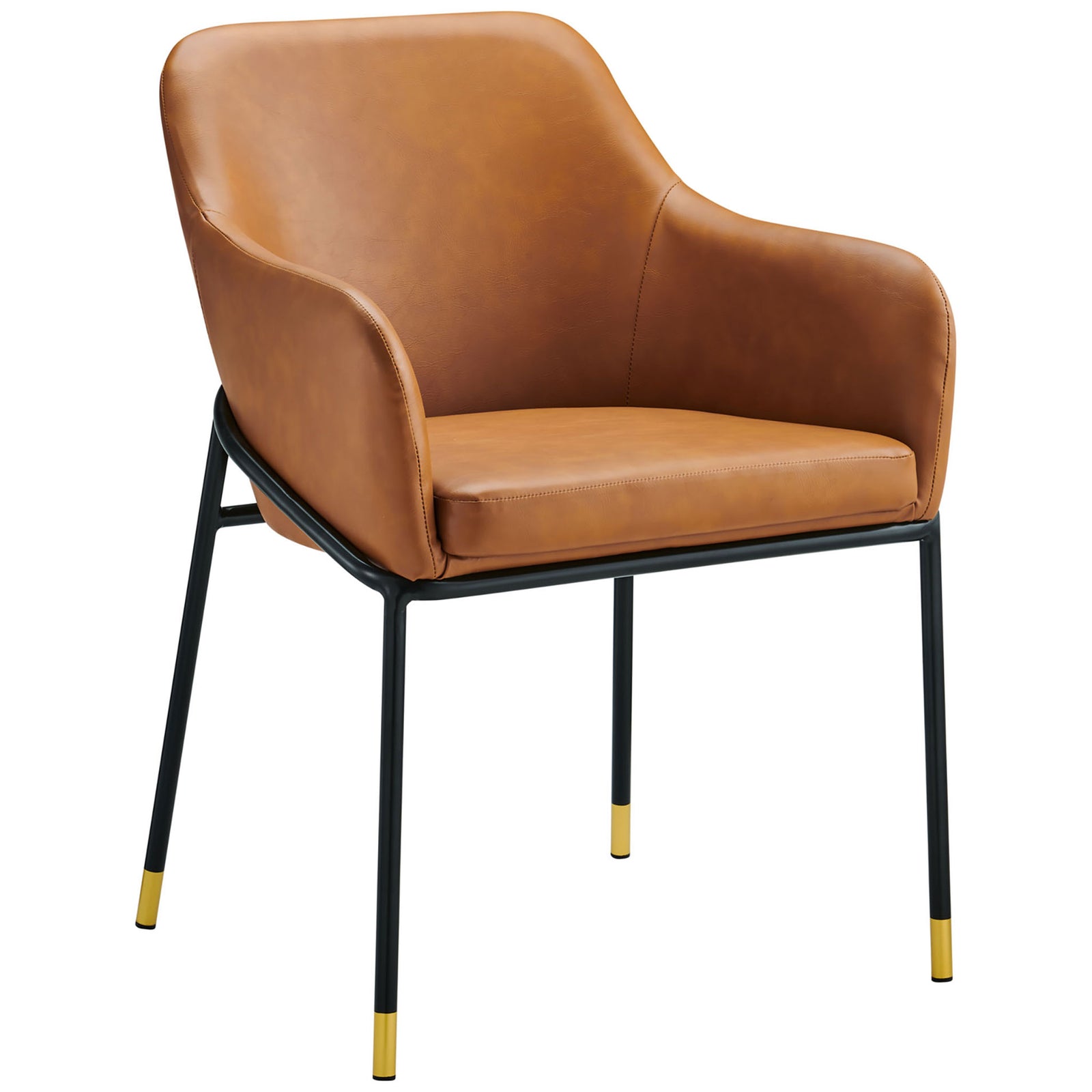 Tan vegan leather dining chair with curved arms and black legs tipped in gold || EEI-4672-BLK-TAN || front_angle_studio