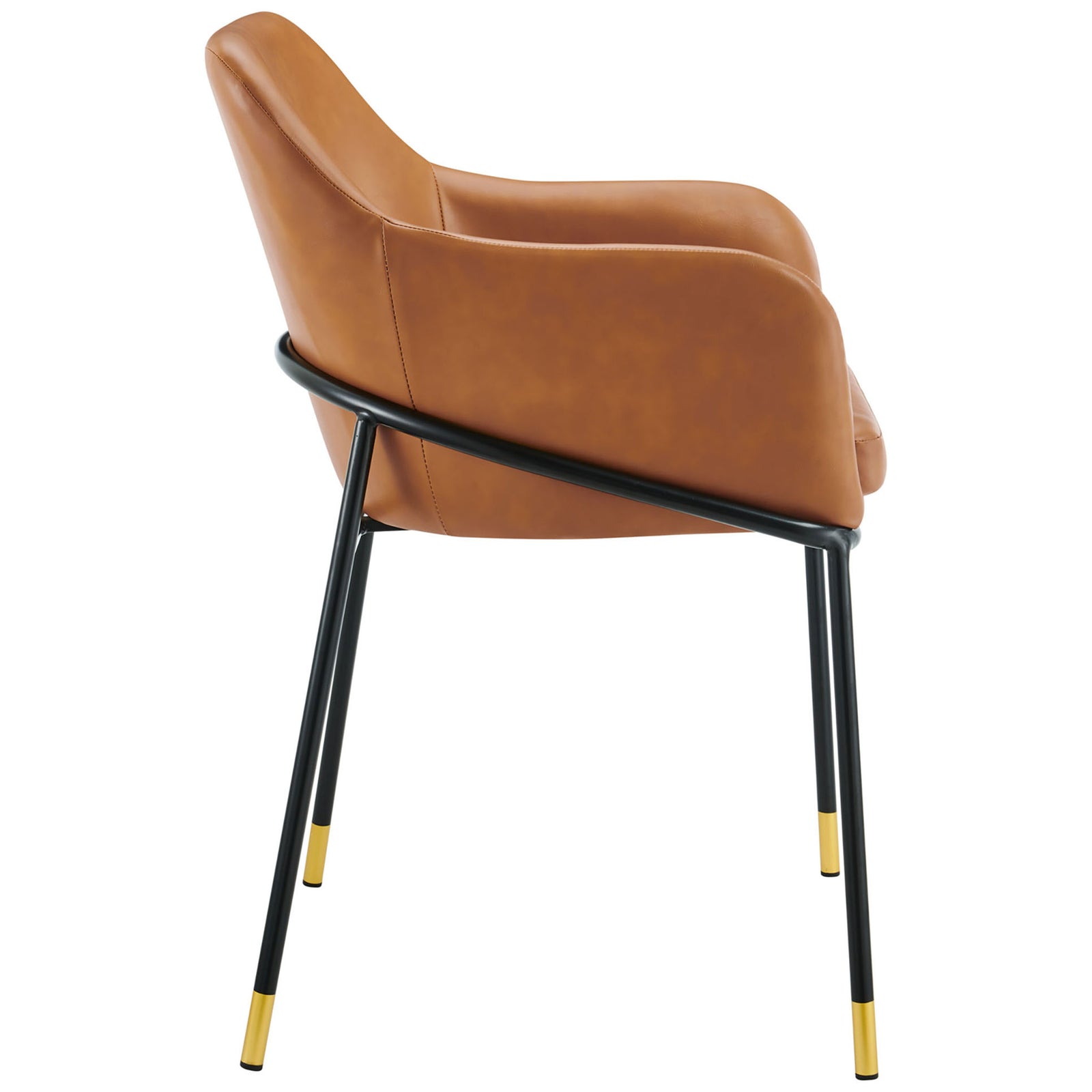 Tan vegan leather armchair with wraparound back and slim black metal frame || EEI-4672-BLK-TAN || back_angle_studio