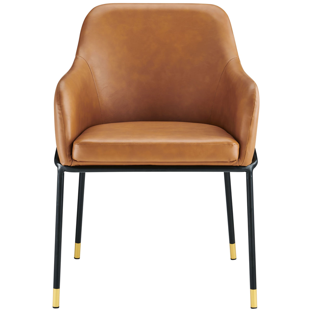 Padded tan vegan leather seat with curved armrests on a black base with gold leg caps || EEI-4672-BLK-TAN || front_studio