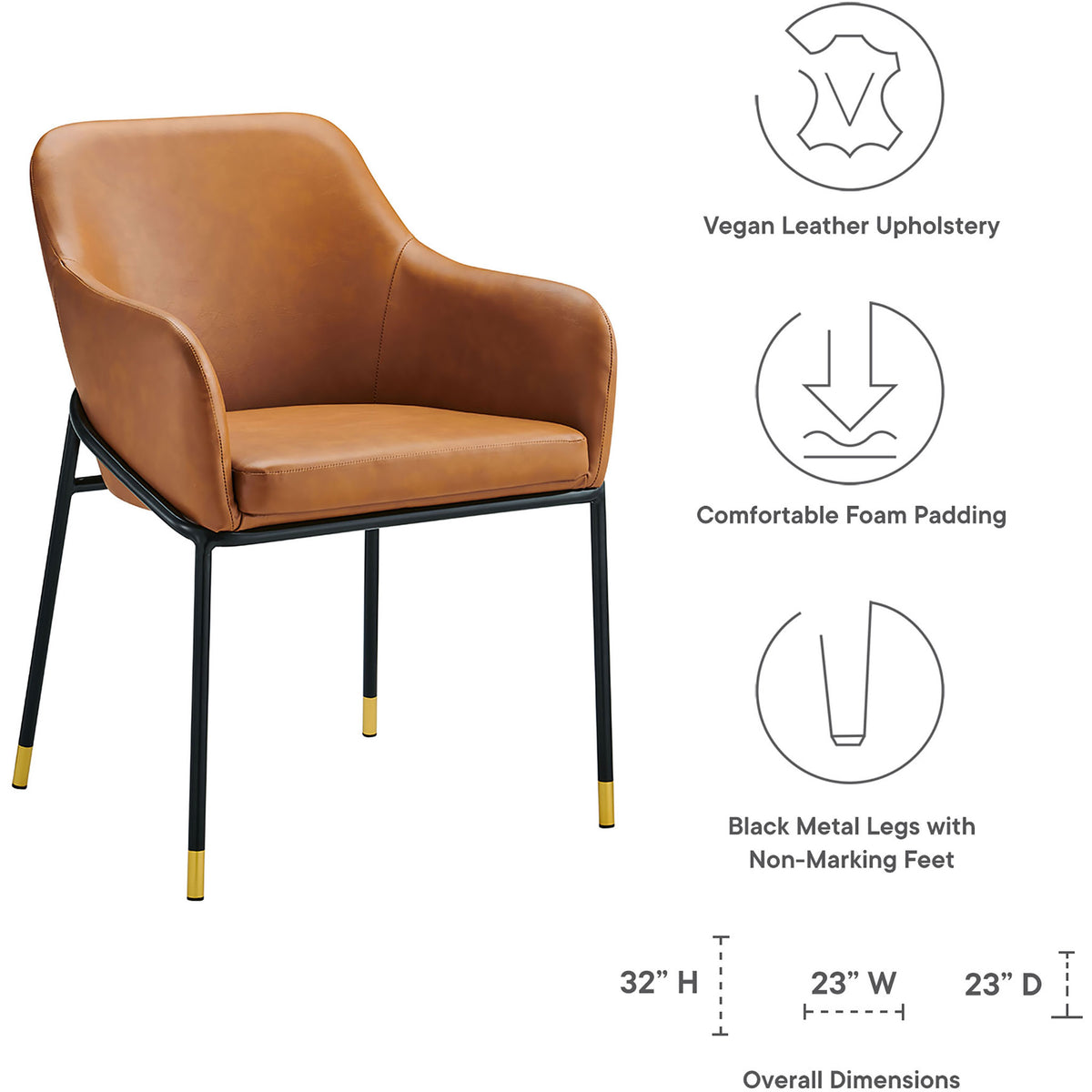 Jovi tan vegan leather chair with supportive padding, sleek legs, and clearly marked dimensions || EEI-4672-BLK-TAN || dimension_studio
