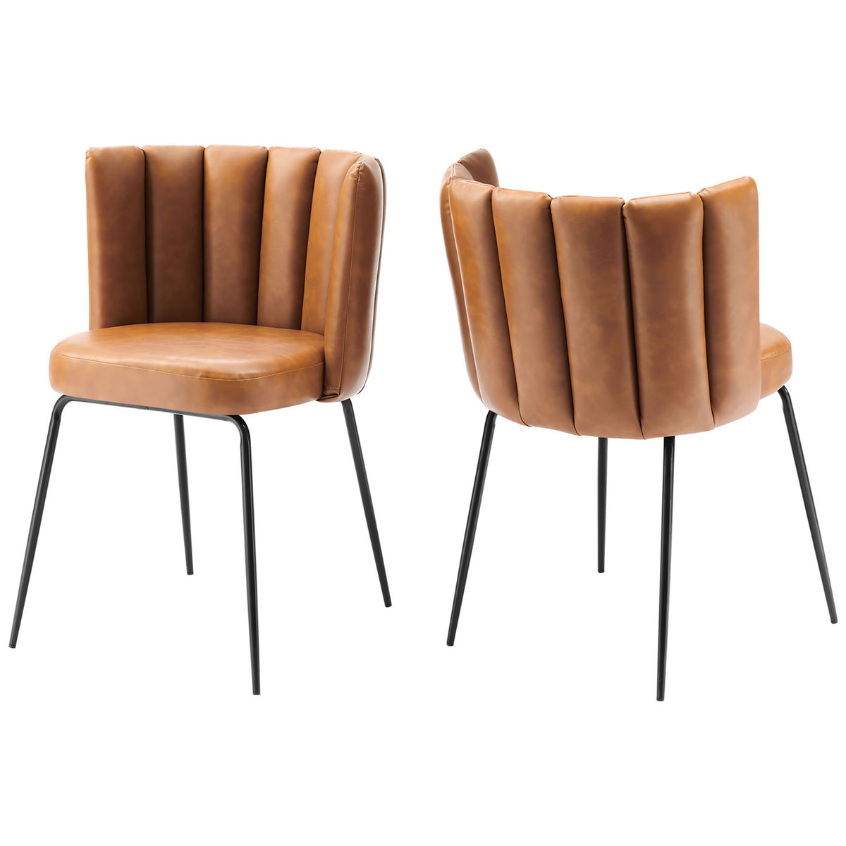 Set of two tan vegan leather dining chairs with channel-tufted backs and slim black metal legs || EEI-4676-BLK-TAN || front_angle_multi_studio