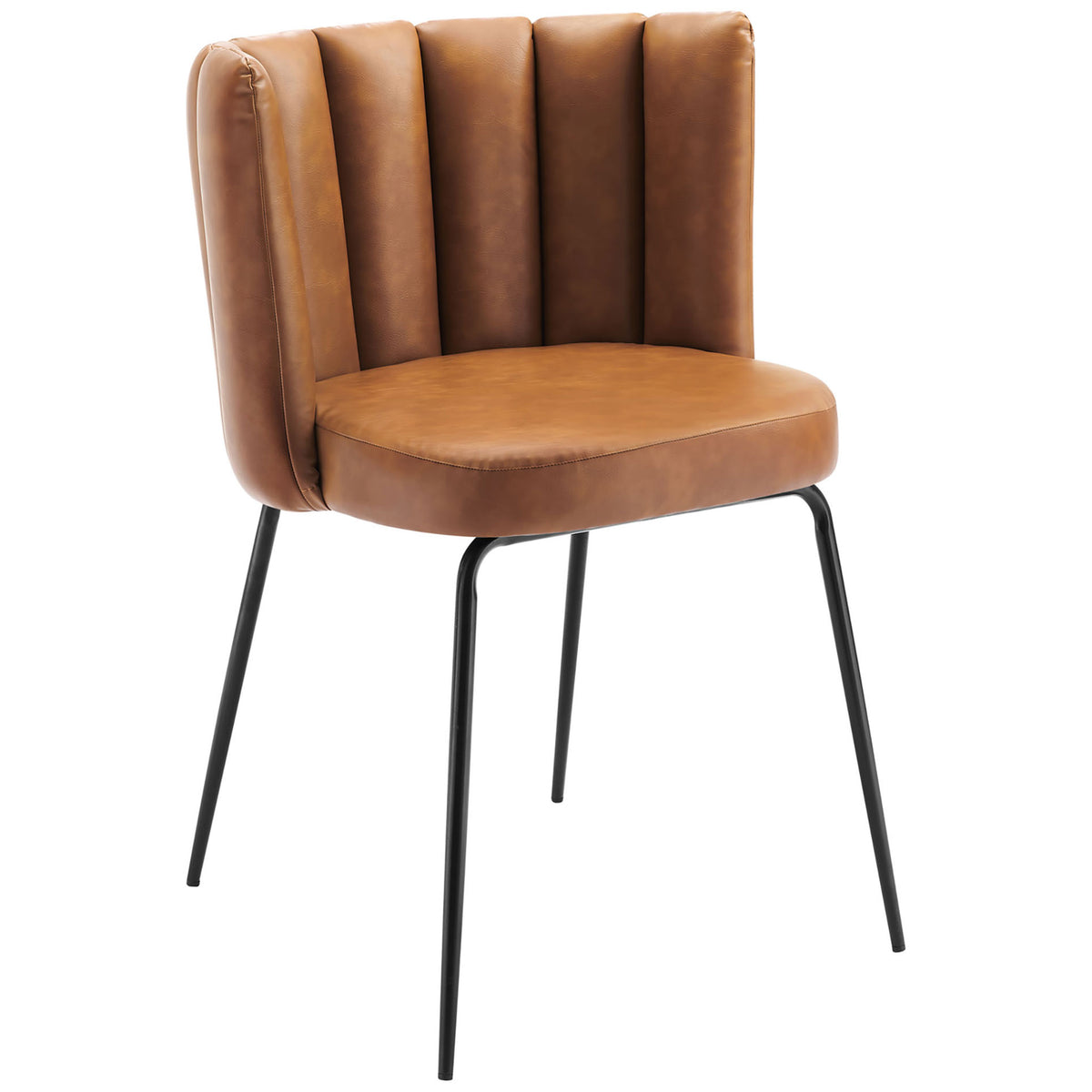 Tan vegan leather dining chair showcasing flared channel backrest and rounded seat on tapered black legs || EEI-4676-BLK-TAN || front_angle_studio