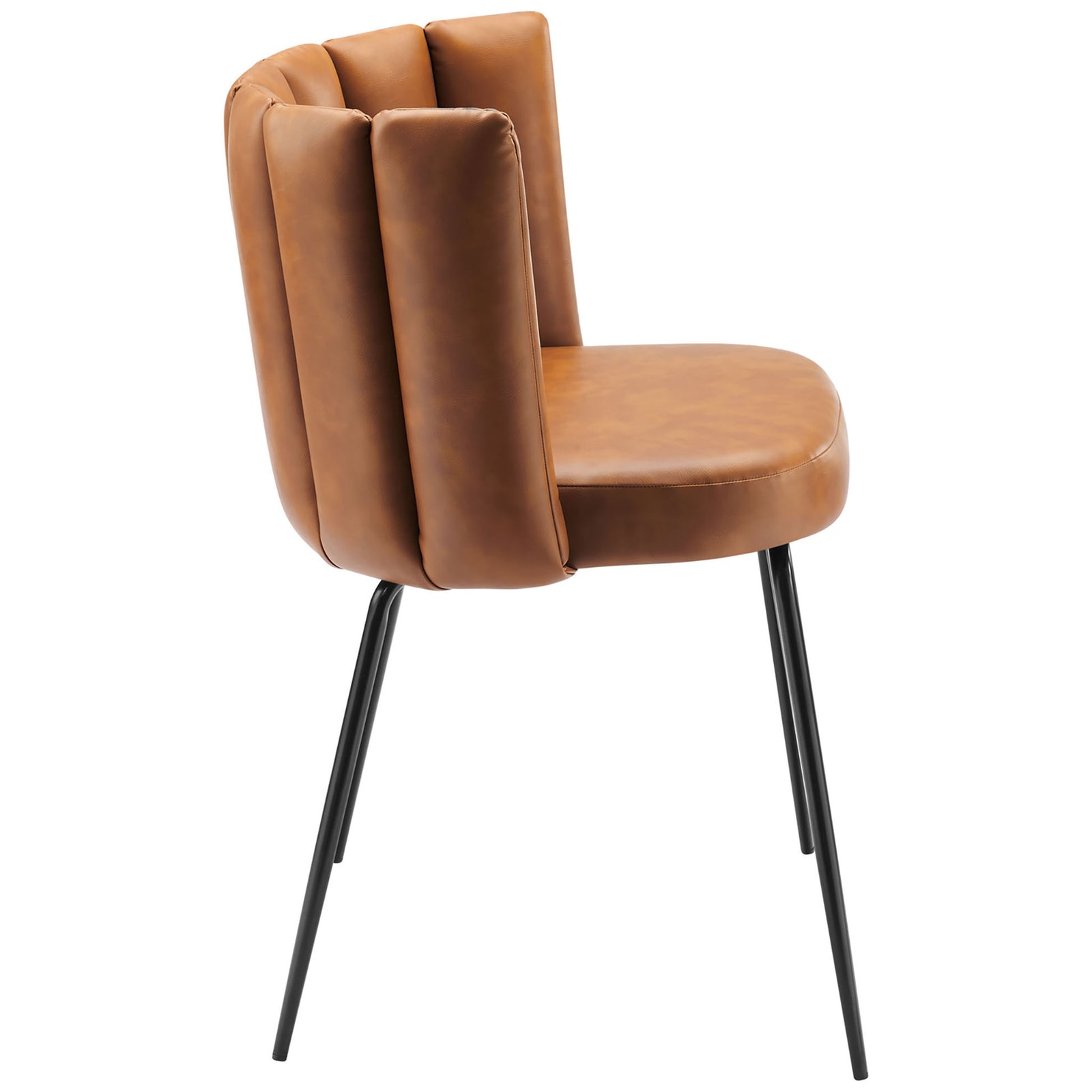Tan vegan leather dining chair with thick cushioned seat and supportive channel backrest || EEI-4676-BLK-TAN || side_studio