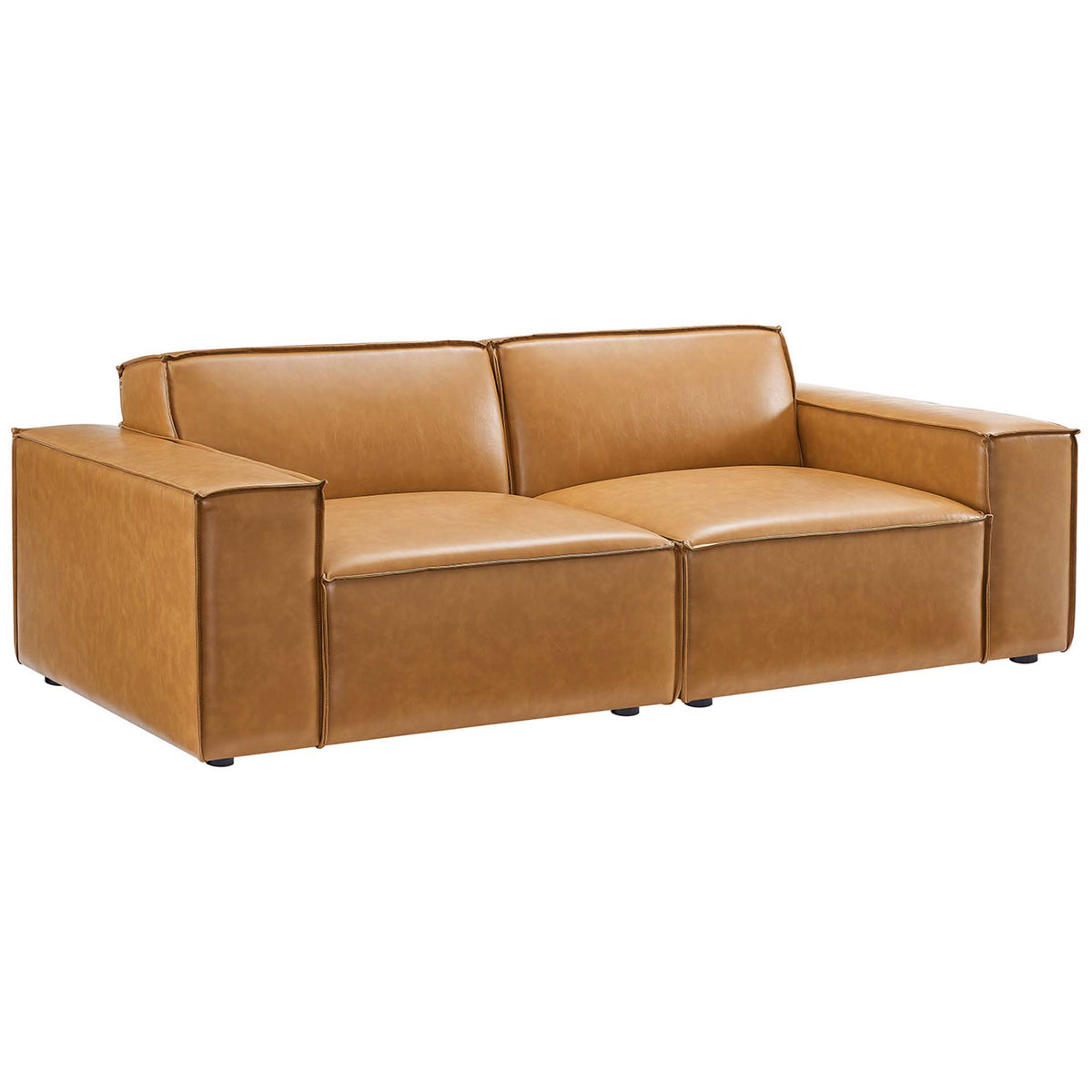 Tan vegan leather loveseat with wide track arms and boxy modern silhouette || EEI-4707-TAN || front_angle_studio