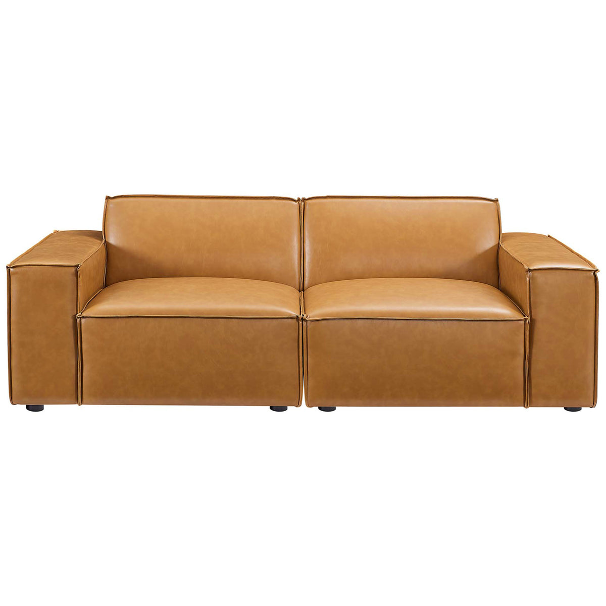 Tan vegan leather loveseat with low profile back and deep double seat cushions || EEI-4707-TAN || front_studio